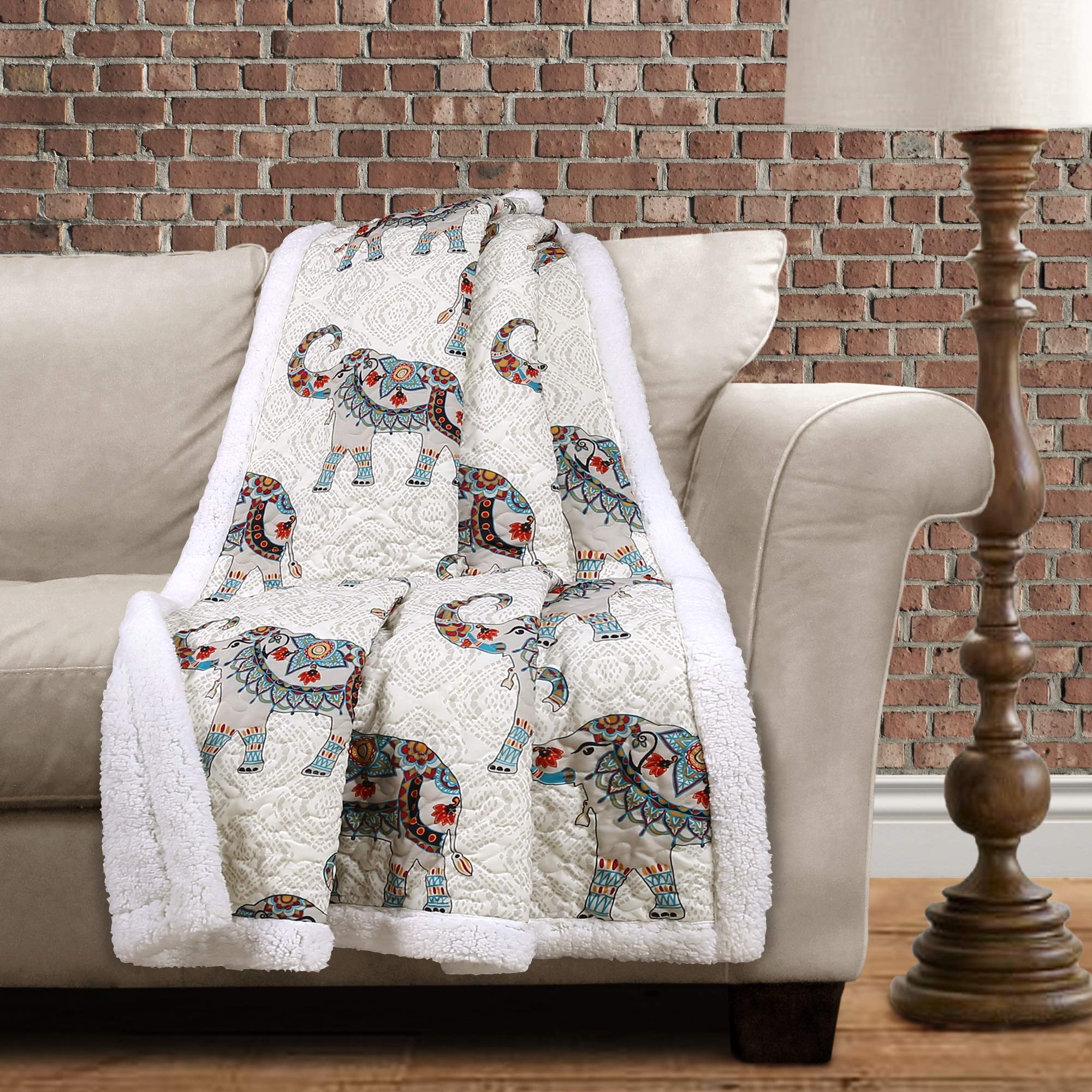 Hati Elephant Throw | Fuzzy Reversible Bohemian Sherpa Blanket - 60” x 50”, Navy and Turquoise