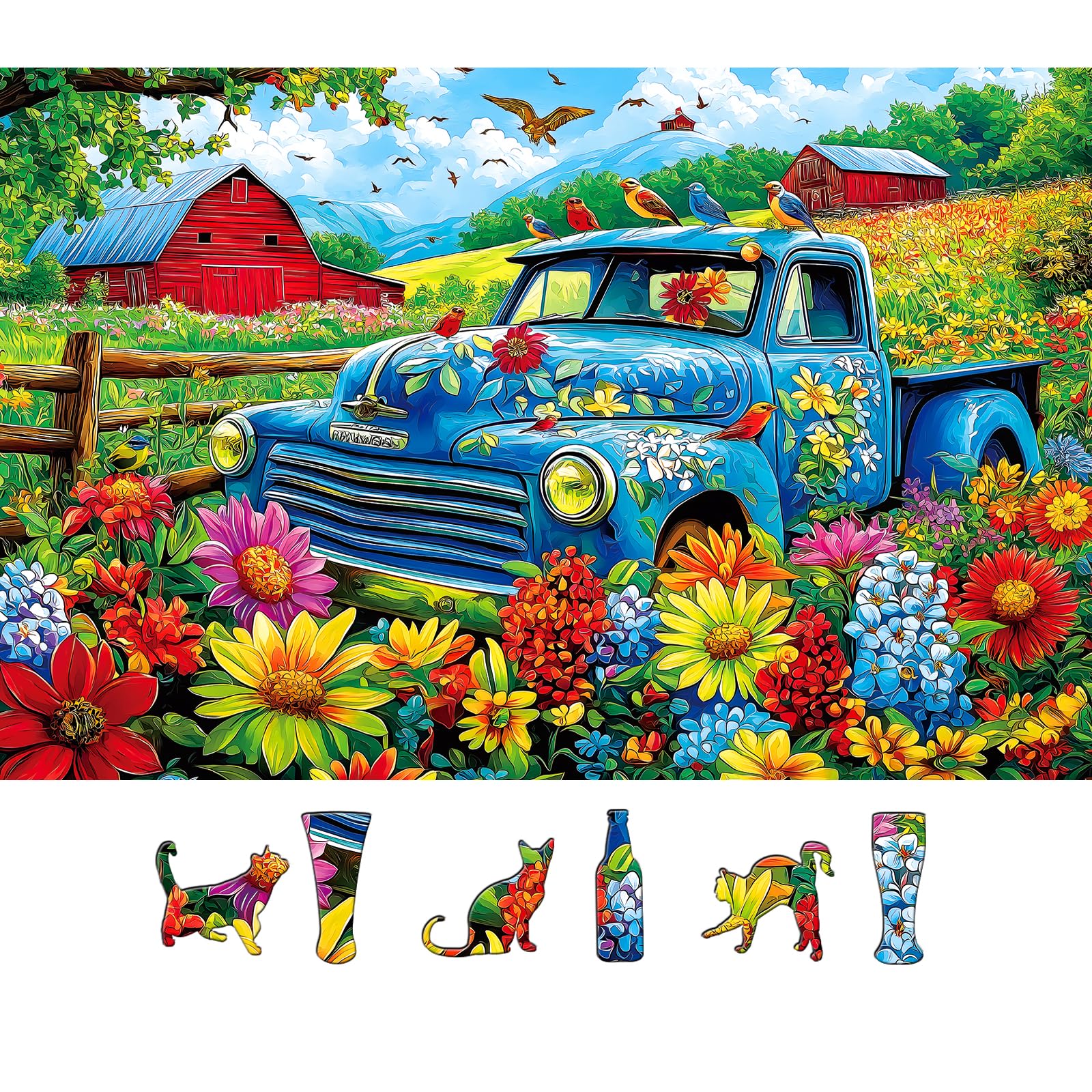 MINIWAN Flower Truck 500 Piece Puzzles for Adults, 23"x15" | Songbirds on The Farm Jigsaw Puzzle, Recycled Cardboard Puzzle 500 Piece, Family Activity, Great Gift for Family Farm Songbirds 23" X 15"