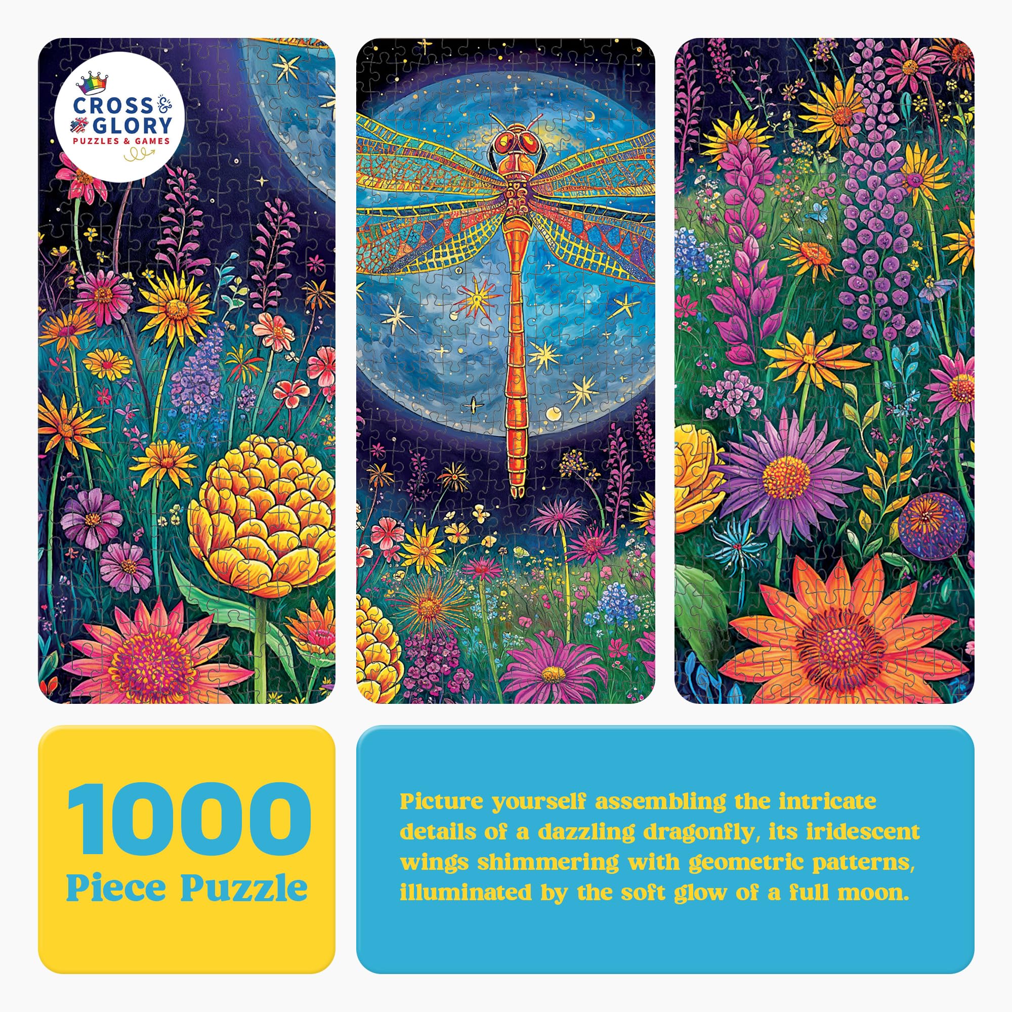 Cross & Glory - 1000 Piece Jigsaw Puzzle for Adults | Lunar Symphony: The Dragonfly’s Tale | Best New Enchanted Nature Puzzle | Vibrant Nighttime Artwork| 20x27 Inches | Flower Puzzle