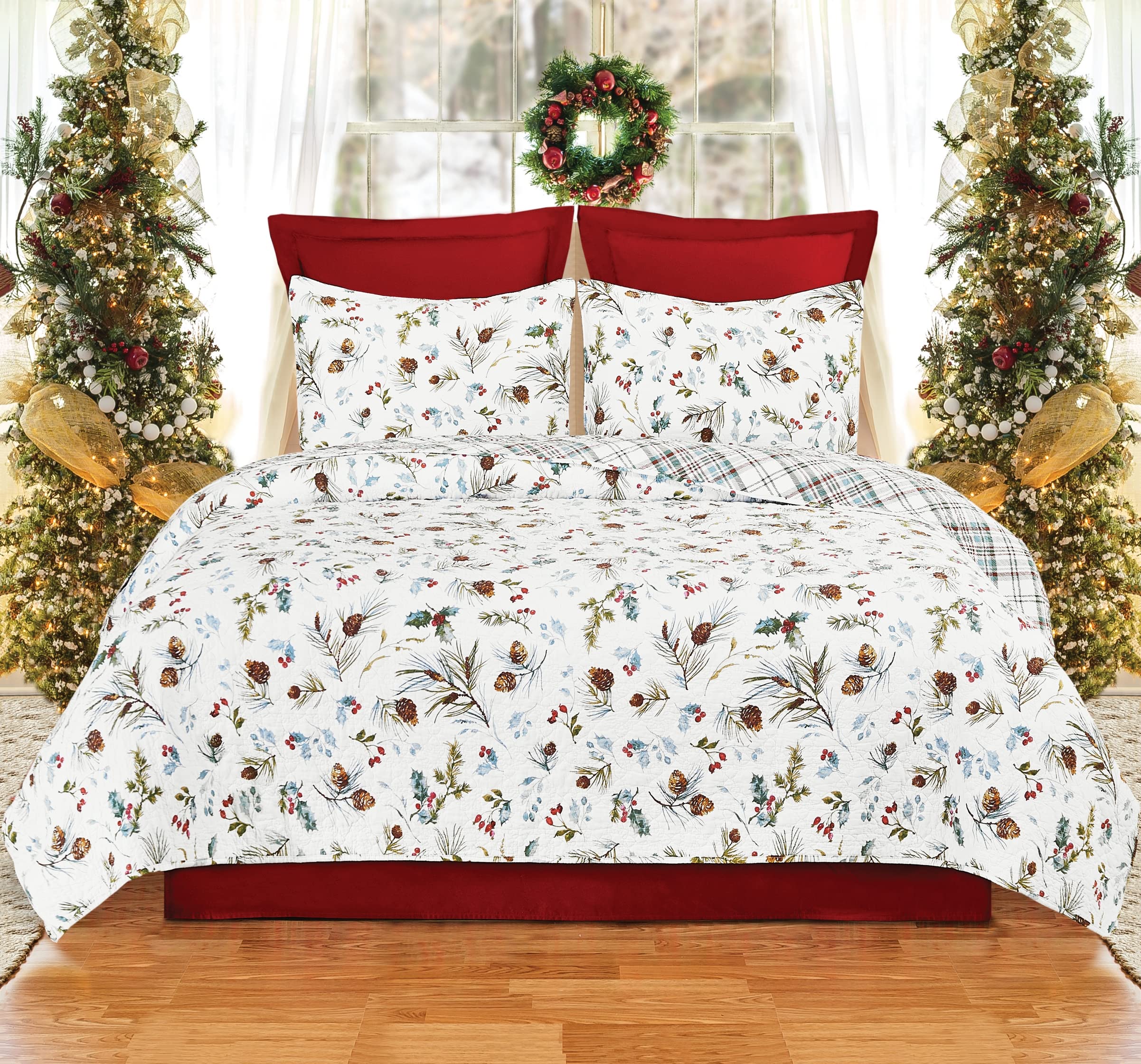 Parure de lit réversible pour lit double style cottage motif houx botanique