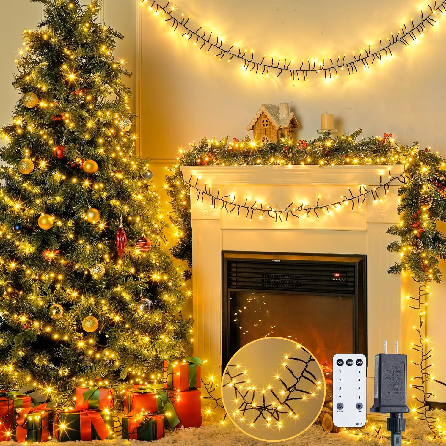 JMEXSUSS 1000 LED Cluster Lights Green Wire Plug in, 50ft Twinkle Lights Outdoor with Remote, 8 Modes Cluster Lights for Christmas Tree Garland Wreath Door Decoration, Warm White
