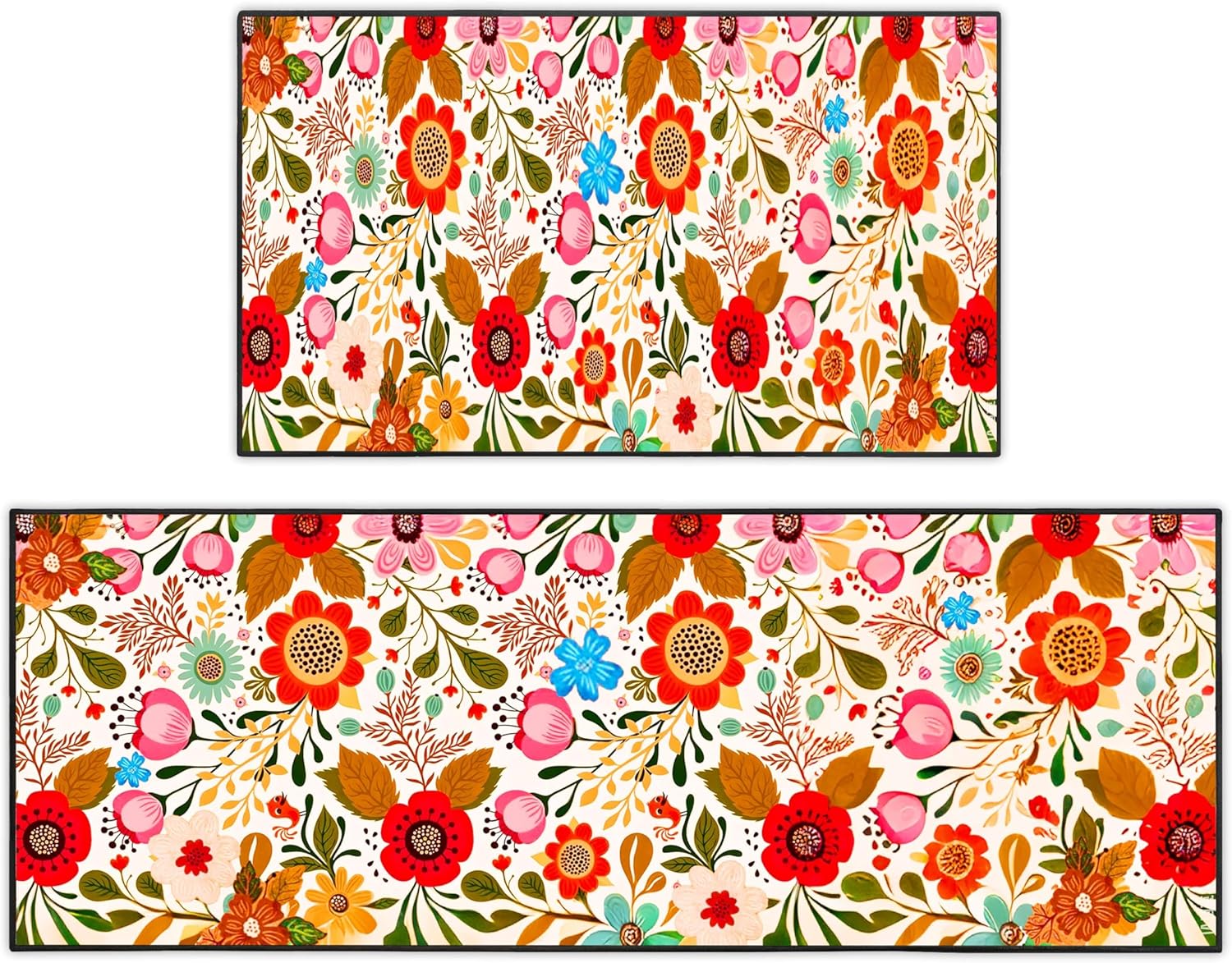 ACZHHZC Flower Kitchen Rugs and Mats Set of 2, Floral Home Kitchen Decor Floor Mats, Washable Non-Slip Sink Carpet (Beige 17"x47"+17"x30")