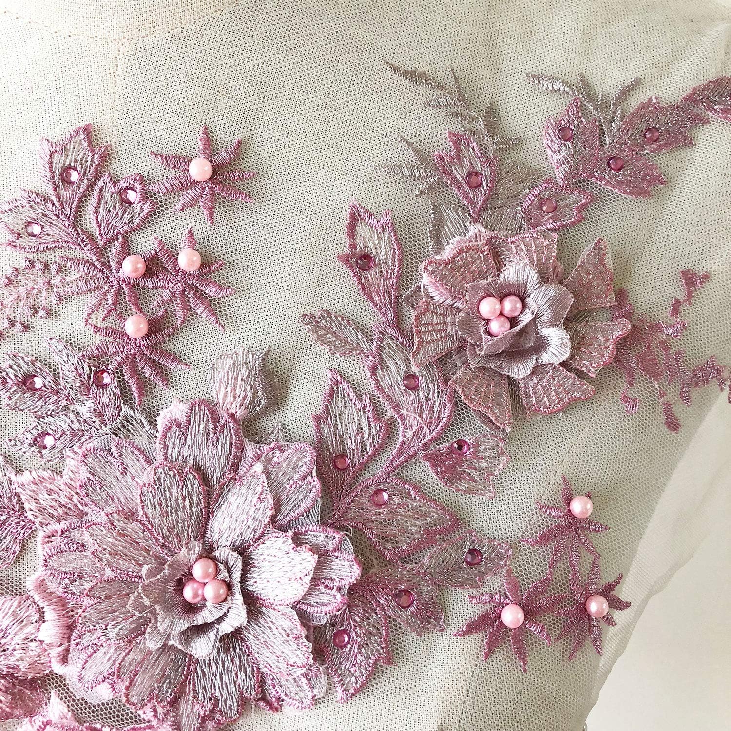 3D Flower Embroidery Applique Beaded Embroidery Sewing Lace Patch Wedding Motif for Gown Dress Costume