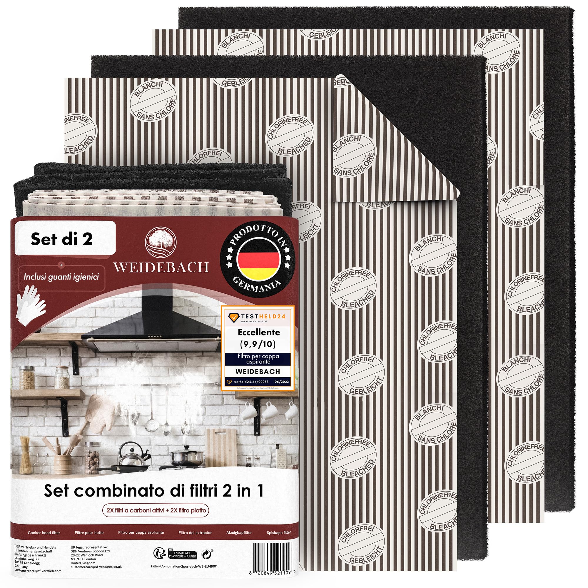 WEIDEBACH® 2 filtri 2 in 1 per cappa aspirante con carbone attivo e filtro grasso, 57 x 47 cm [ritagliabile] – solo 1,2 cm di spessore – filtro per cappa, filtro a carbone attivo