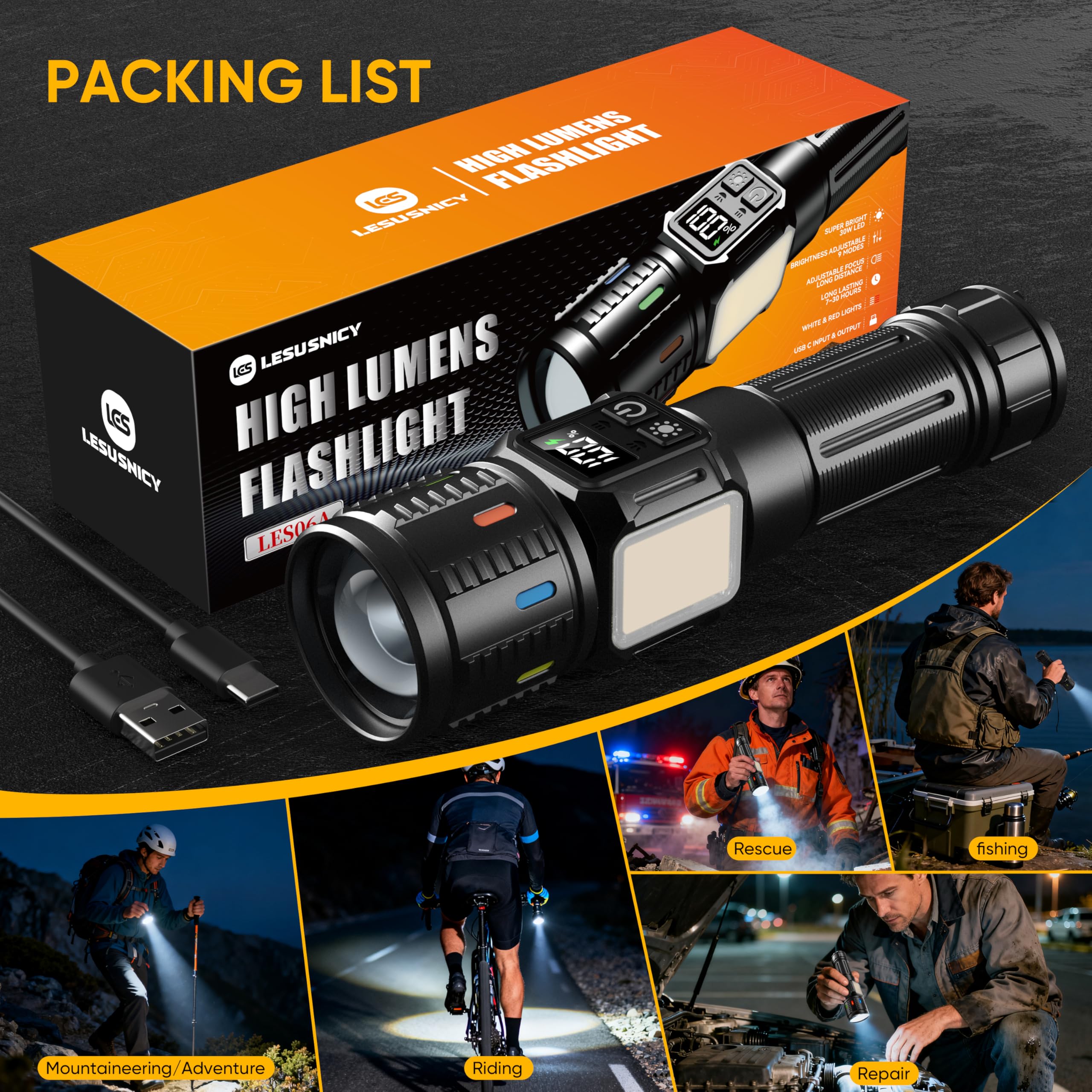 Wiederaufladbare Taschenlampen, hohe Lumen, 10000, superhelle LED-Blitzlicht, langlebiges USB-C-LCD-Display, Daul-Lichtquelle & Tasten mit rotem Licht, für Camping, Wandern, Notfall