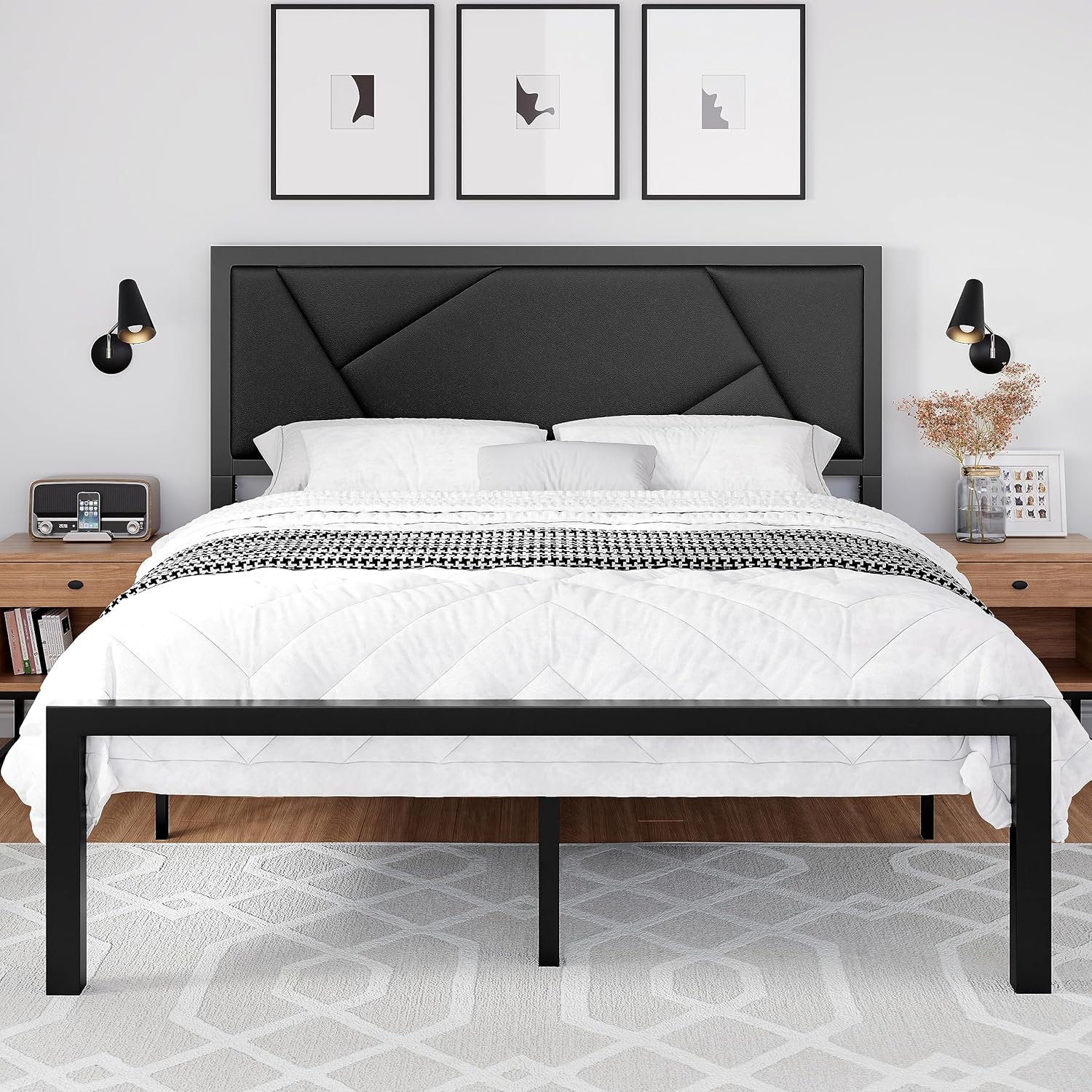 Queen Size Metal Bed Frame with Upholstered Headboard, Geometric Litchi Grain Leather Design, No Box Spring Needed, Black