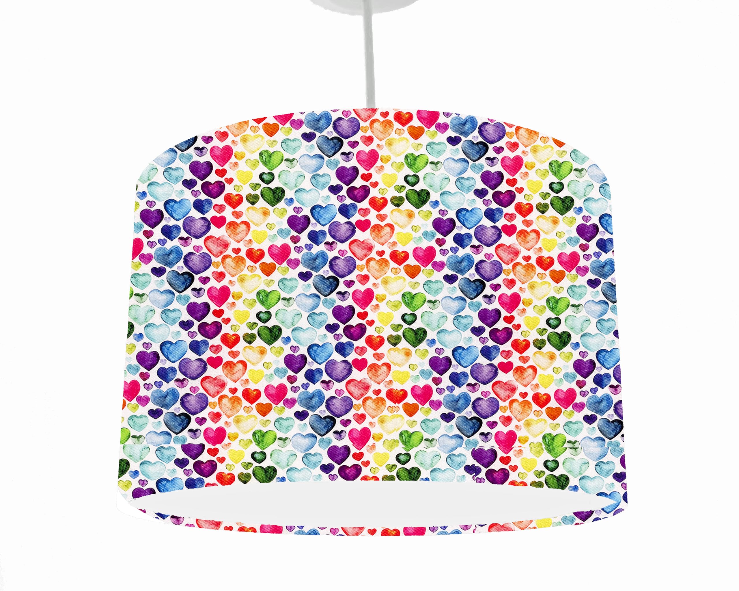 Leo & Cal, Rainbow Hearts Drum Lampshade, Choice of 5 Diameter Sizes 20cm to 40cm Drum Lampshade, Cute Fun Home Lighting, Ceiling Light Shade, Children Bedroom Table Lamp Shade, Kids Room Decor
