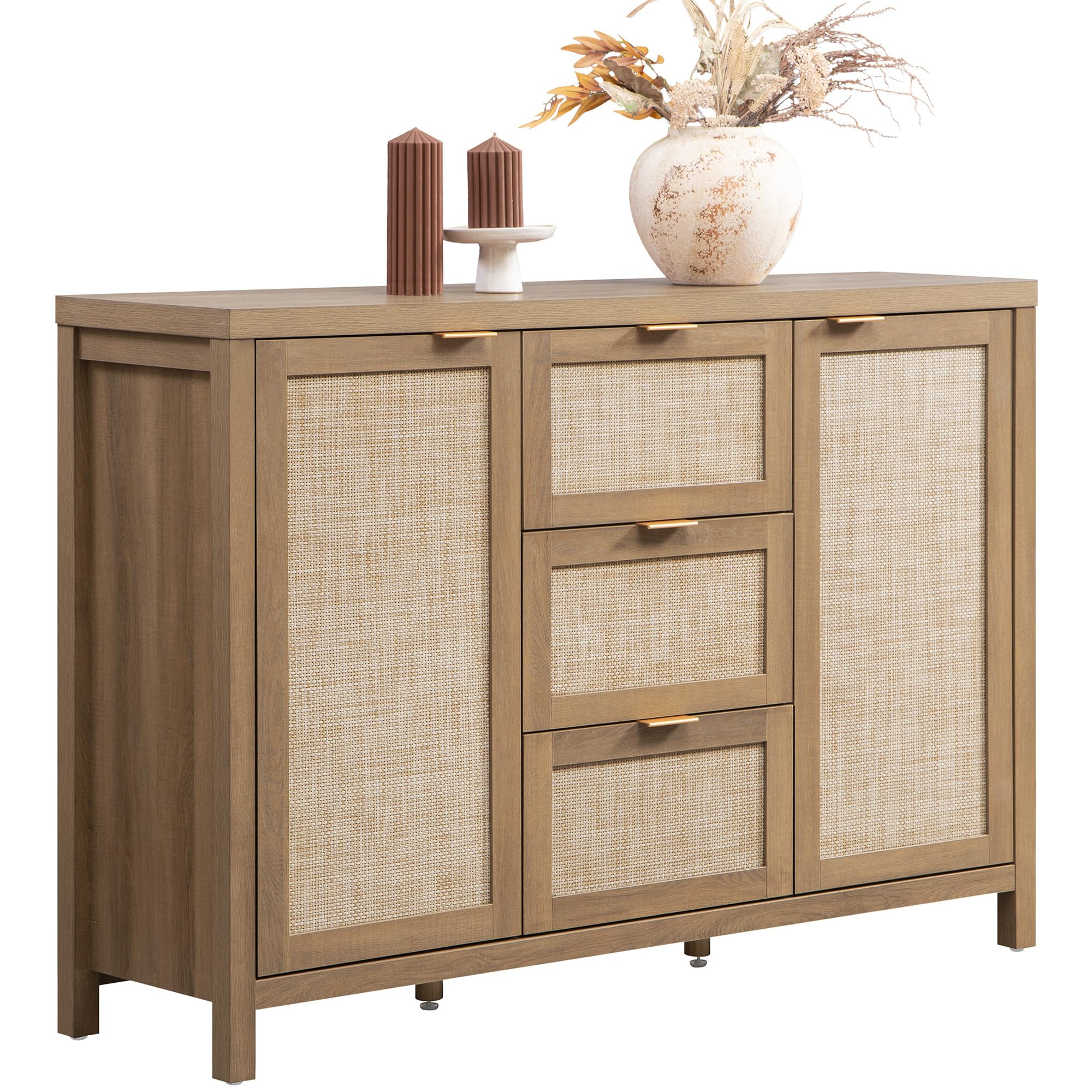 SICOTAS Rattan Sideboard Buffet Cabinet in Reclaimed Caramel Oak