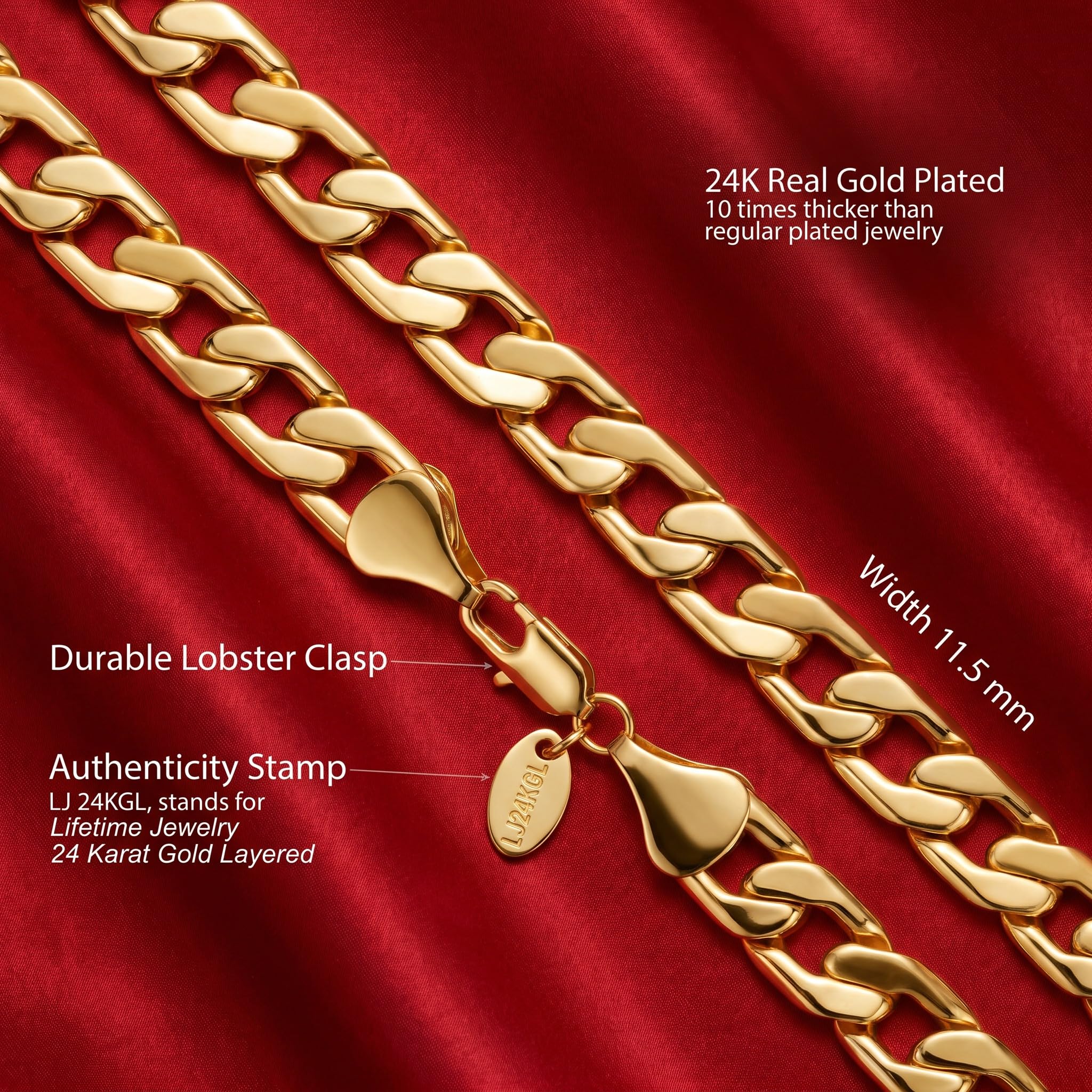 LIFETIME JEWELRY Collar de cadena de eslabones cubanos planos de 11,5 mm para hombres chapado en oro real de 24 quilates, 55,88 cm, Chapado en oro, Sin gemas.,
