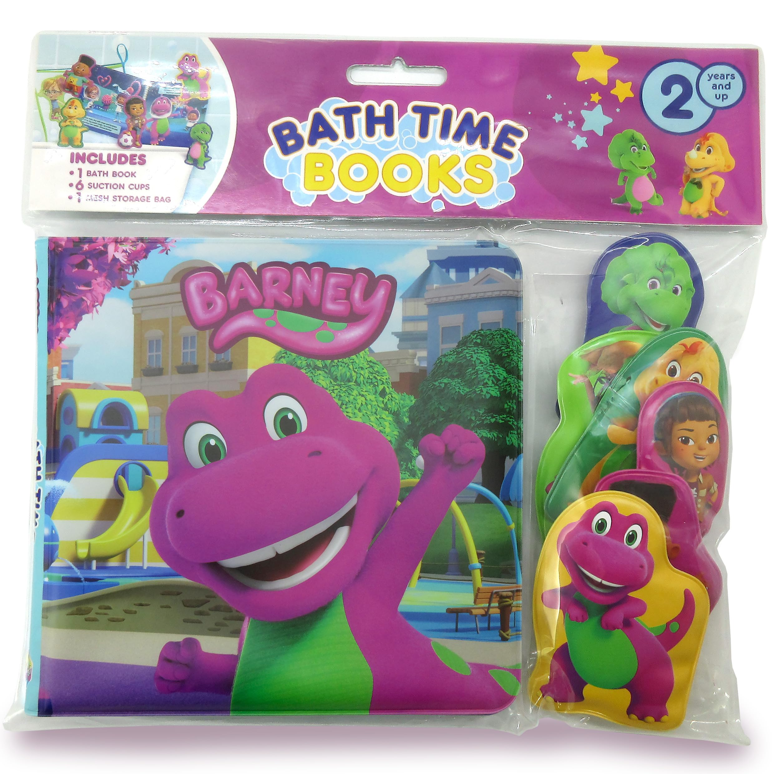 Mattel Barney Bath Time Books - Activity Books for kids, Bath book, 6 Padded suction cups, 1 Mesh bag