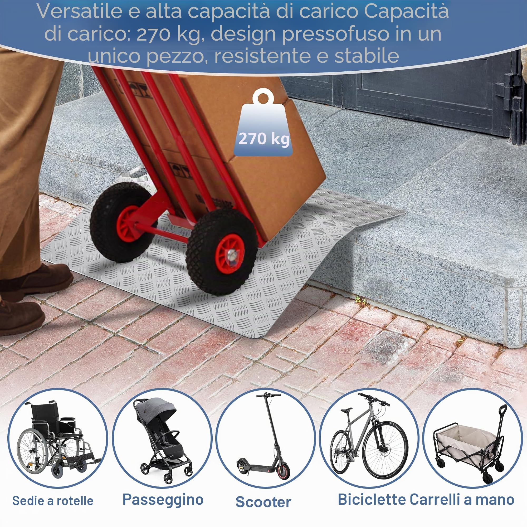 YRHome Rampa per soglia da porta, 60 cm, altezza 10 cm, larghezza 70 cm, per sedia a rotelle, ponte di soglia, antiscivolo, portatile, con maniglie per interni ed esterni