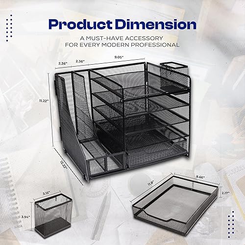 Miniatura 4 de SimArtz Organizador de bandeja de papel de 5 niveles con soporte para archivos, organizador de escritorio con cajón y soportes para bolígrafos,