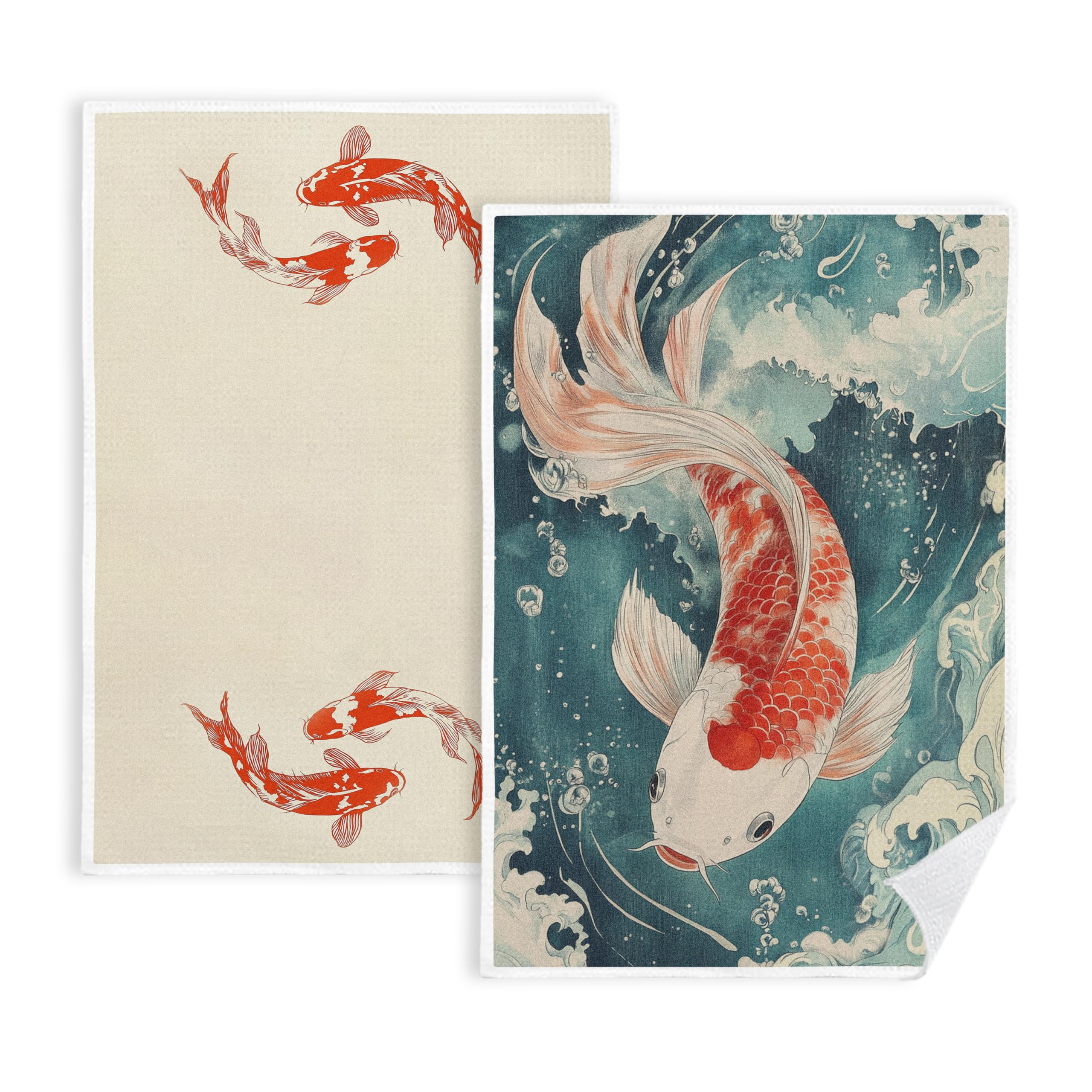 FITIE Vintage Japanese Red Koi Fish Kitchen Towels Set of 2, Traditional Asian Red Koi Dish Tea Towels for Kitchen Decor, Nautical Animal Fish Hand Towels for Bathroom Decor, 16x24 Inch