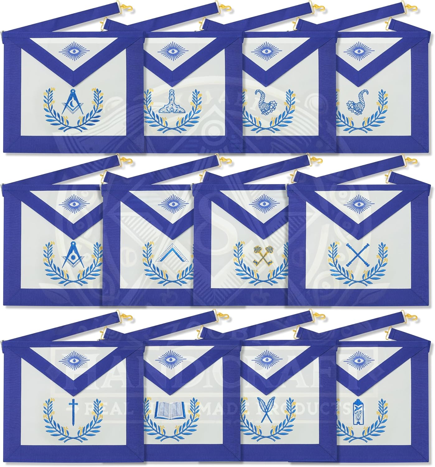 12-Piece Freemason Officer Apron Set – Faux Leather Blue Lodge Regalia with Embroidered Symbols & Gold Buckle – Ceremony Ready Aprons with Pocket
