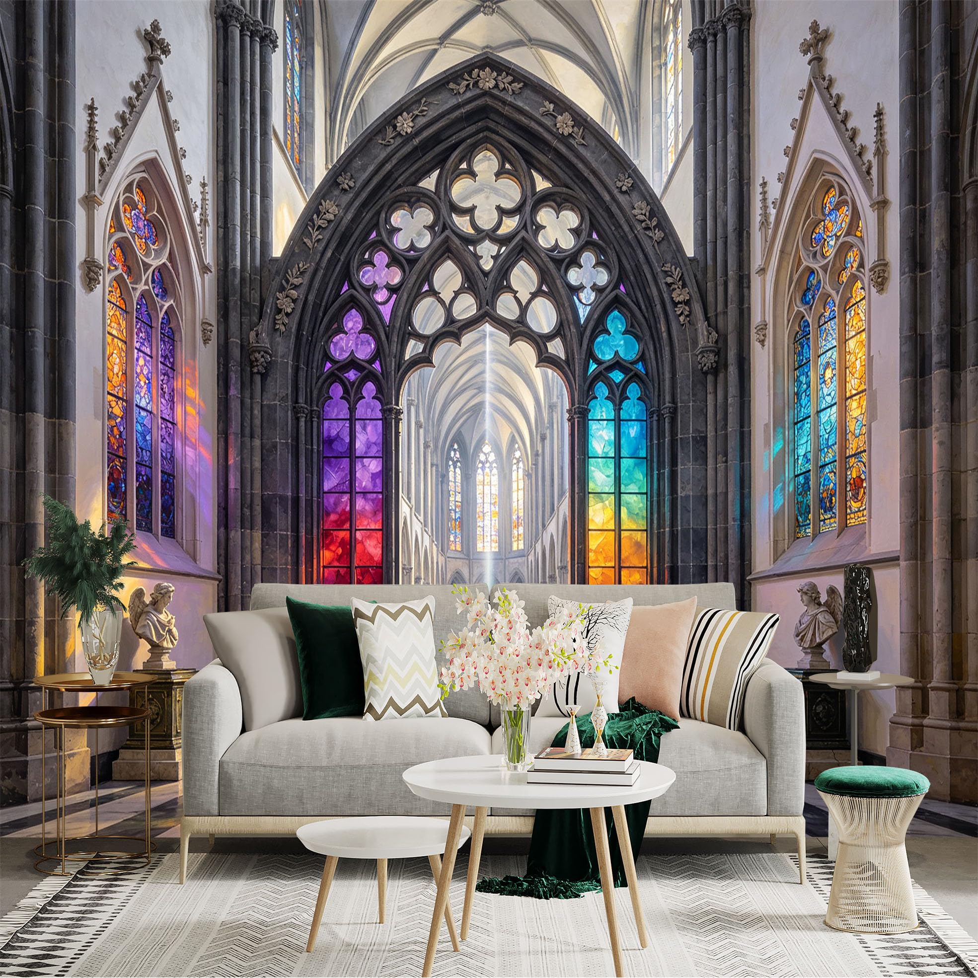 Custom Size Wall Sticker Mural， Gothic Cathedral Interior with Colorful Stained Glass Arches and Sunlight， for wall Decoration， peelandstick wall Decals.