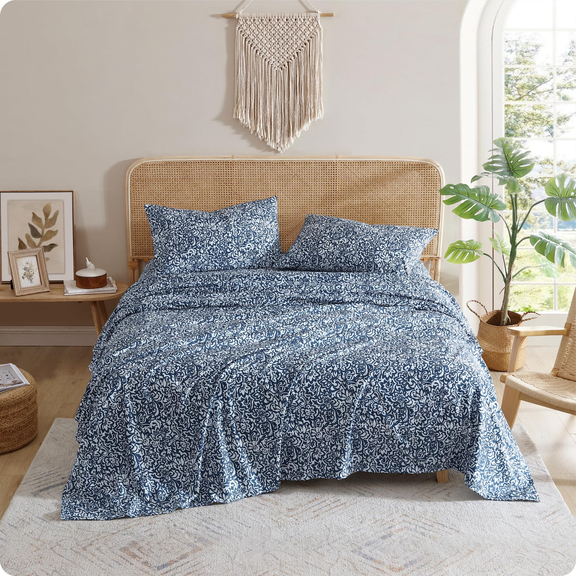 Indigo Ink Tufted Navy Blue - Queen Size Sheet Set, 4-Piece Boho Floral Damask Patterned Bedding, Soft & Wrinkle Resistant (Tufted Medallion Collection, Navy Blue)