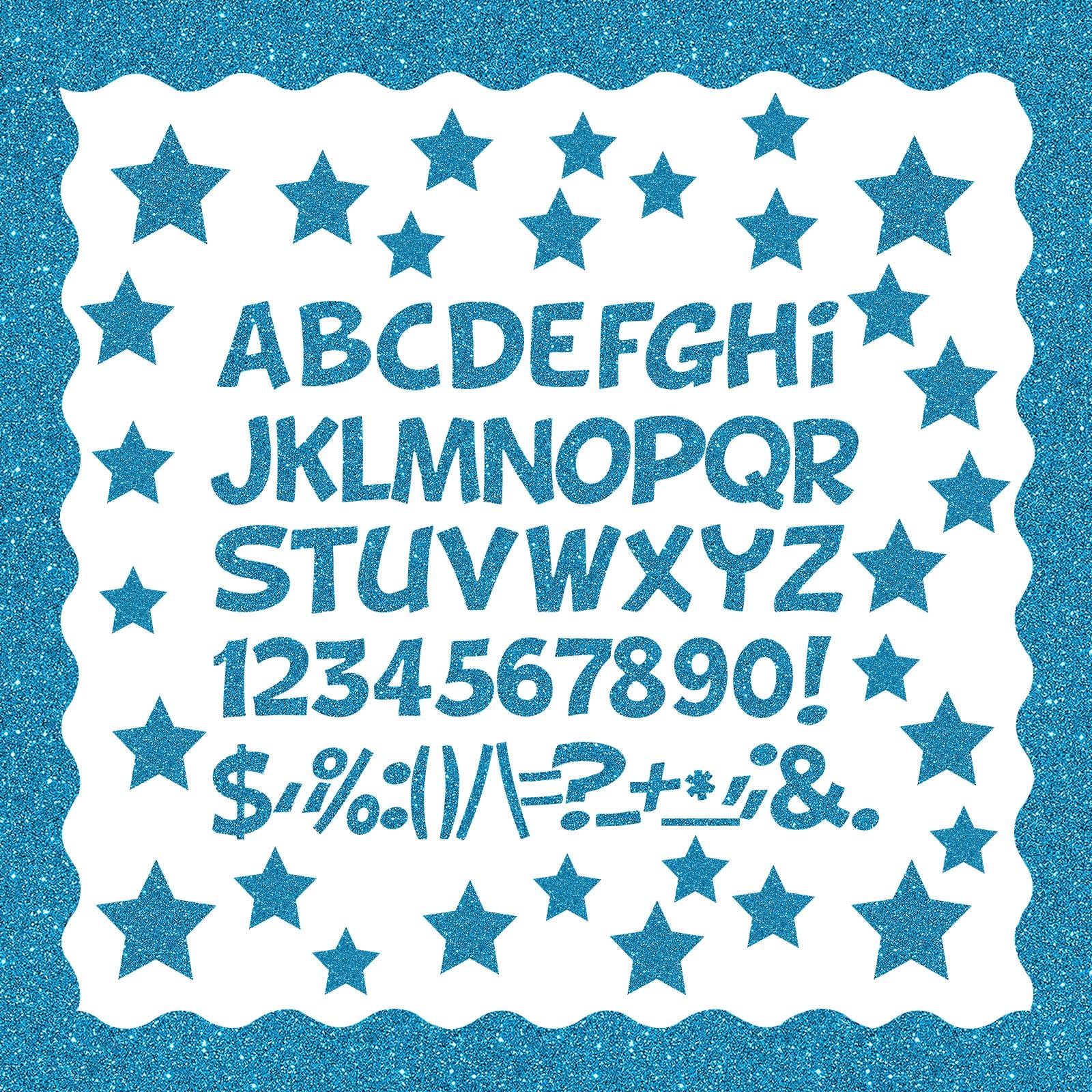 Containlol 188 Pcs Lake Blue Glitter Bulletin Board Border Poster Letter Star Cutout Set, 59 ft Scalloped Border Trim Alphabet Letter Stars Number