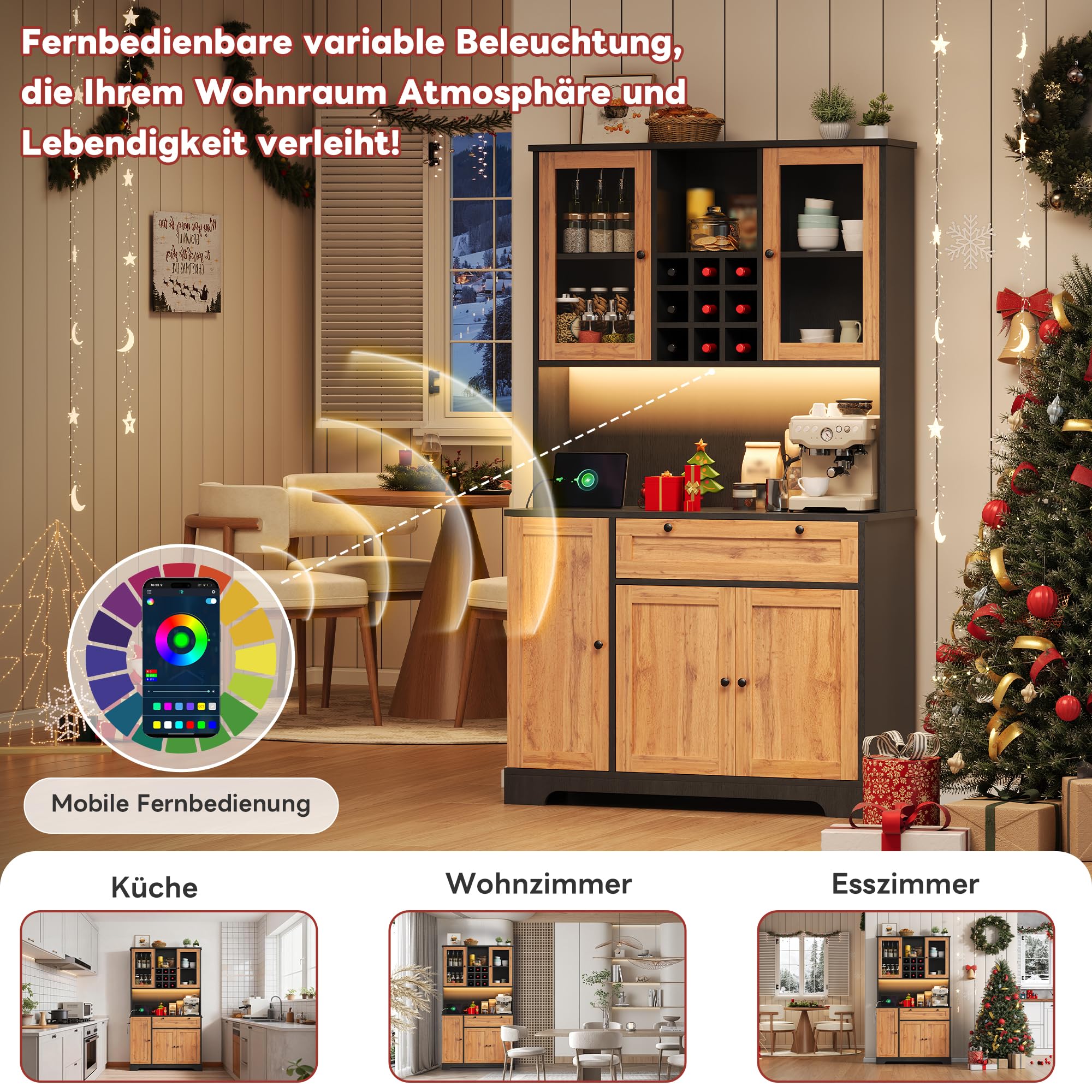 Armoire Buffet Multifonction Haute Cuisine Salon, vitrine Verre trempé, étagères réglables, casier vin, tiroir, Portes, réglette LED RGB télécommande appli, Bloc Prises USB (Blanc+Bois)