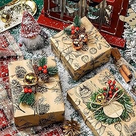 MAYPLUSS Kraft Christmas Wrapping Paper Roll - 3 Mini Roll -17in x120in Per roll,Kraft Vintage Wrapping Paper,Rustic Print for Party,Birthday,Baby Shower,Natural Paper Roll Design (42.3 sqft)
