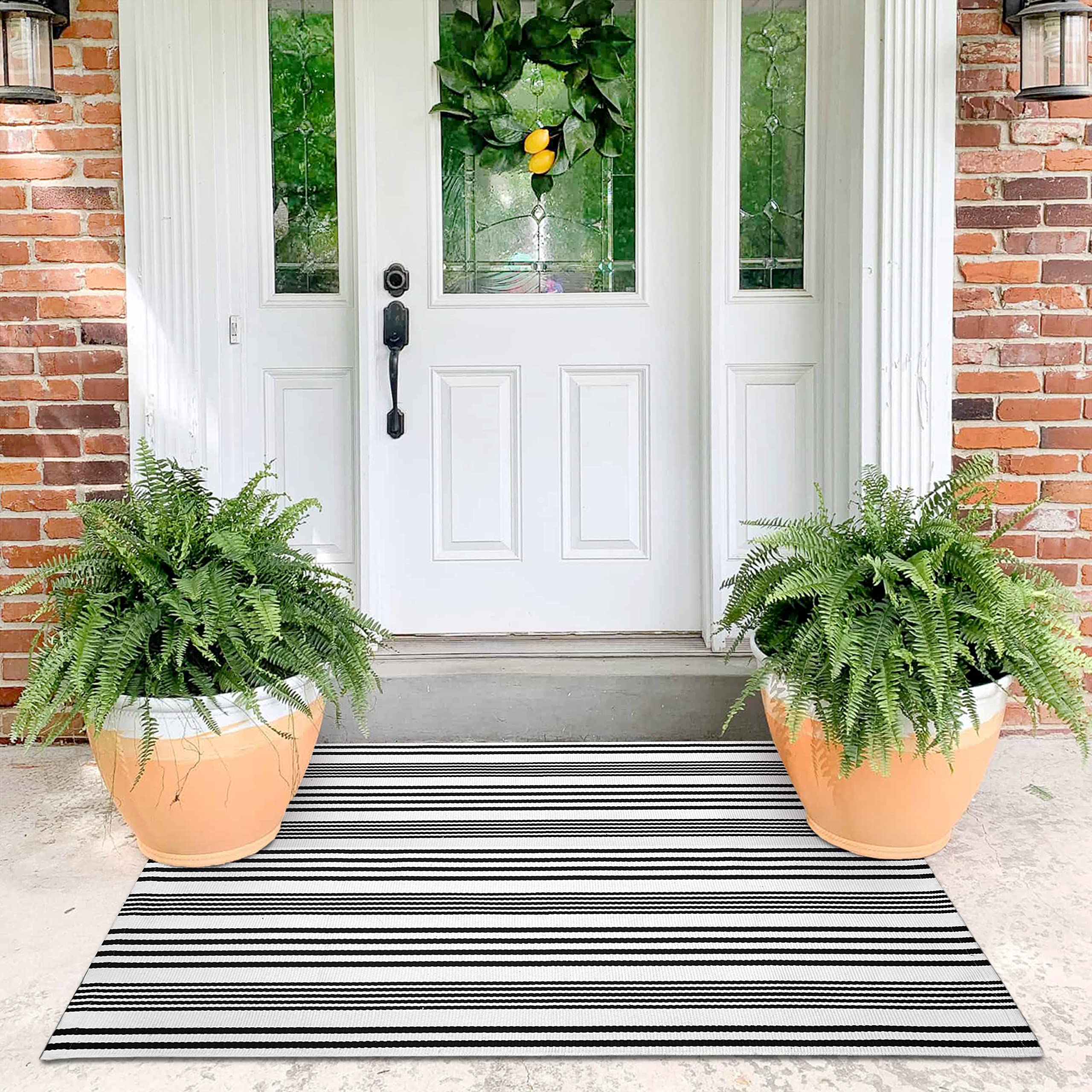 KOZYFLY Black and White Striped Rug 3'x5' Indoor Outdoor Rugs Hand Woven Cotton Washable Striped Layered Doormats for Front Door/Kitchen/Farmhouse/Entryway/Patio