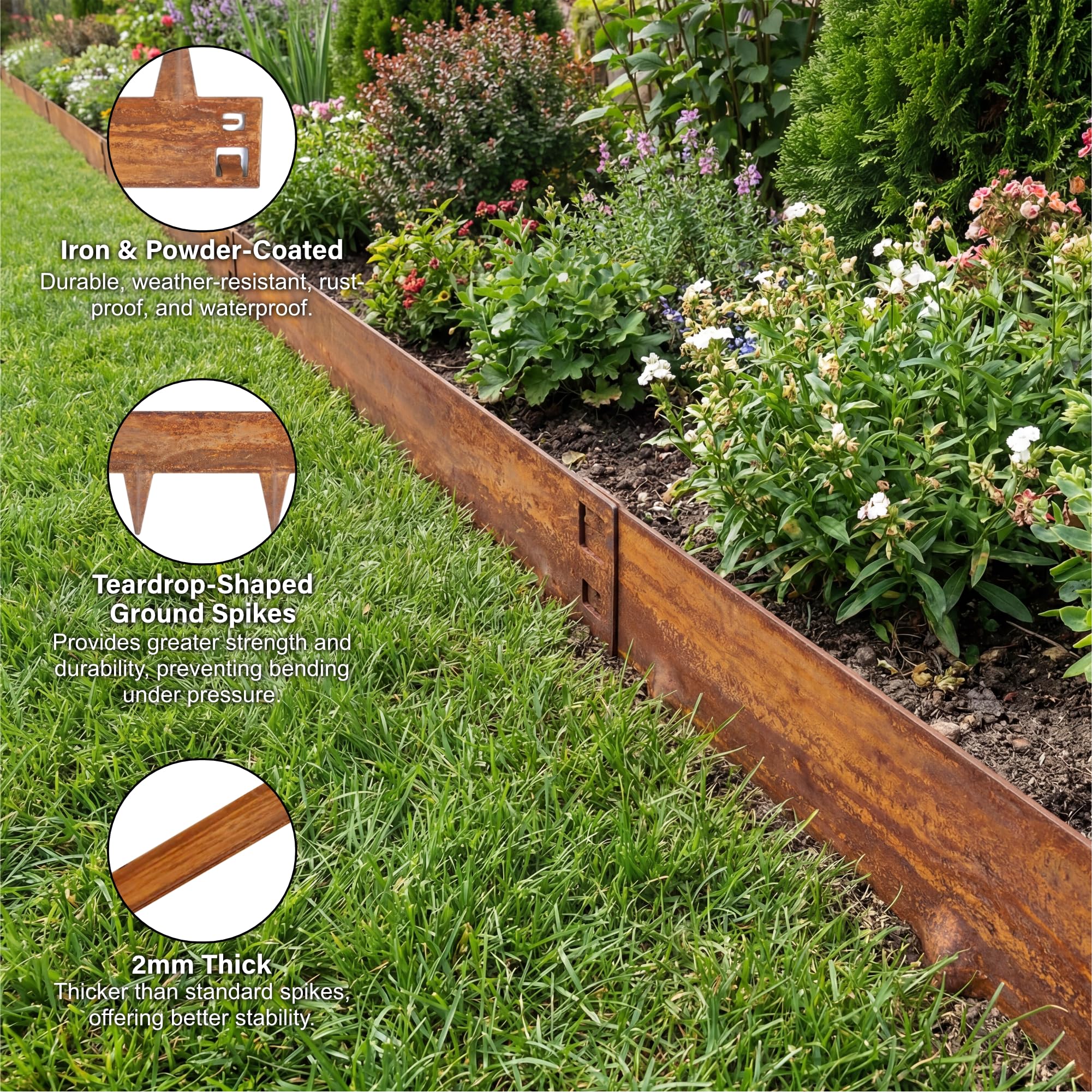 5M Lawn Edging Border, Heavy Duty Corten Steel Garden Edging Strip, Flexible Lawn & Pathway Metal Edging Border for Landscaping, Easy to install - 8cm Face Height, Rust - 5