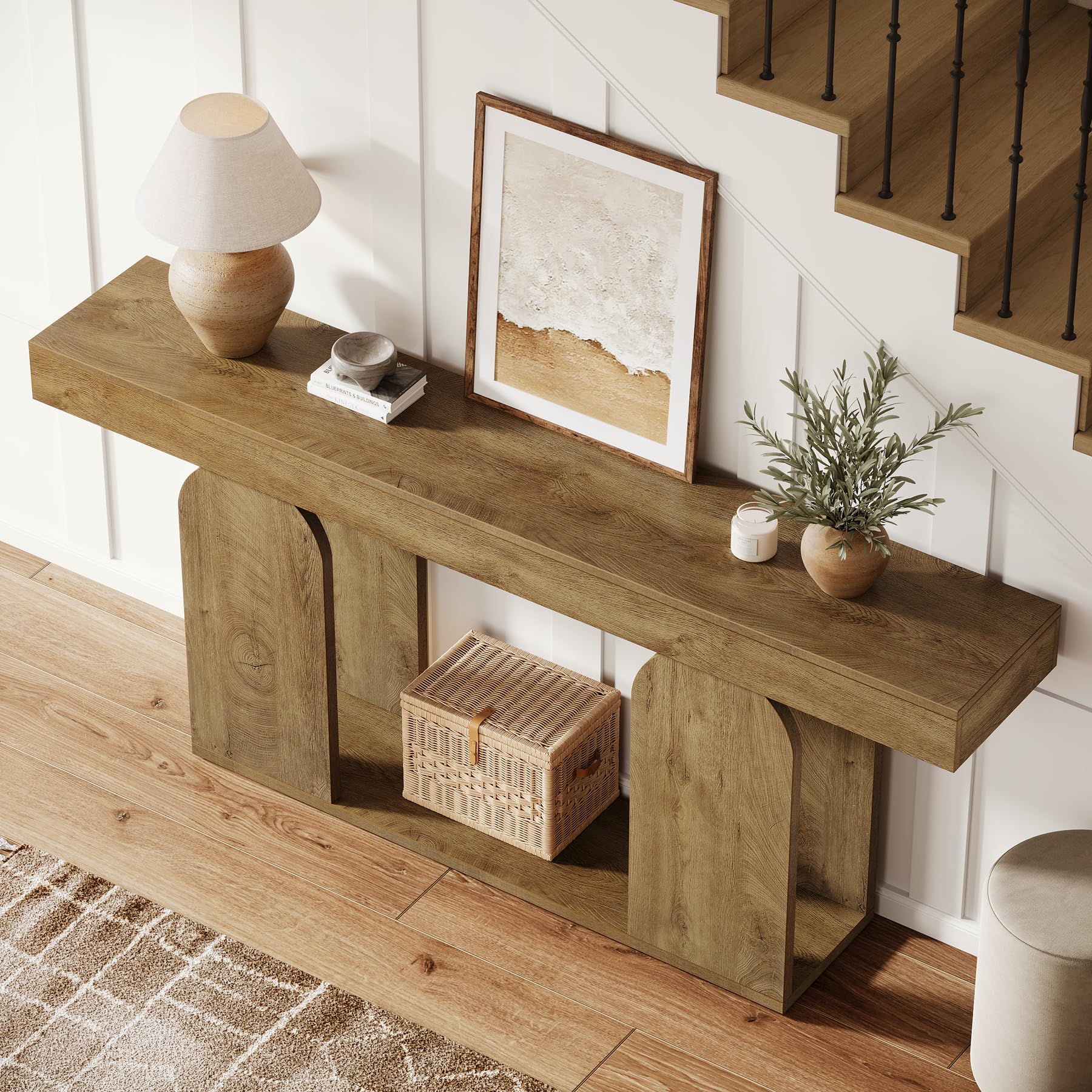 Tribesigns Konsolentisch, 160 x 30 x 85cm Konsolentisch Holz, Wohnzimmertisch mit U-förmigem Sockel, 2-Stufige Sofatische für Eingang, Flur, Wohnzimmer, Hellbraun