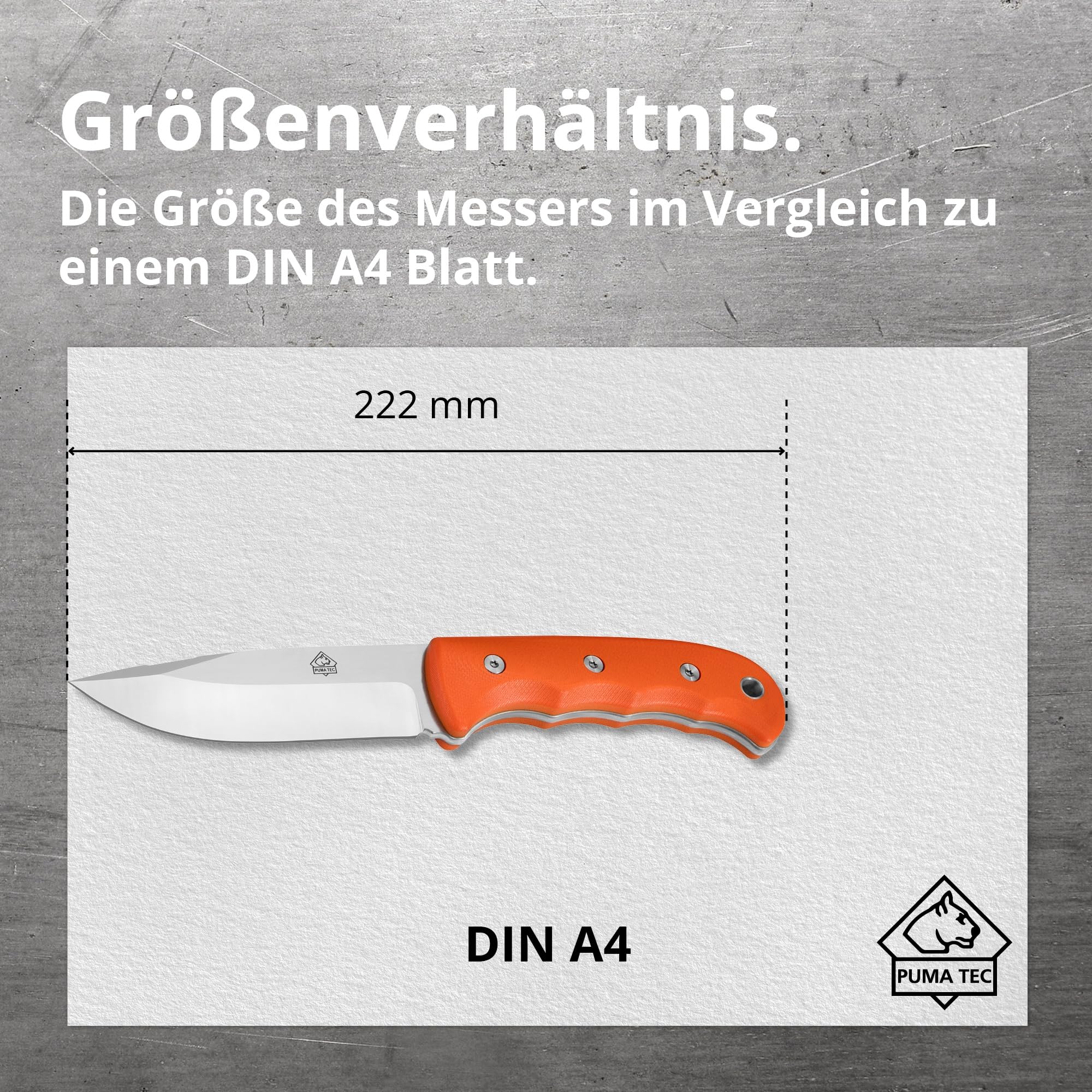 PUMA TEC – Survival D2 Knife – Orange – Feststehendes Full-Tang-Outdoormesser – D2-Stahl (60 HRC) mit edlem Satin-Finish & G10-Griff – inkl. passender Kydex-Scheide mit Steel-Clips