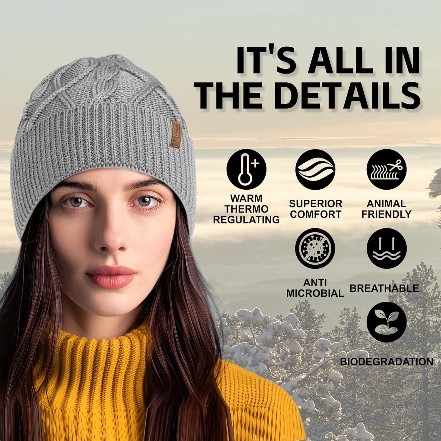 100% Merino Wool Beanie for Men Women, Knit Cuffed Winter Hat, Lightweight Warm Breathable Cap, Unisex Outdoor Gift