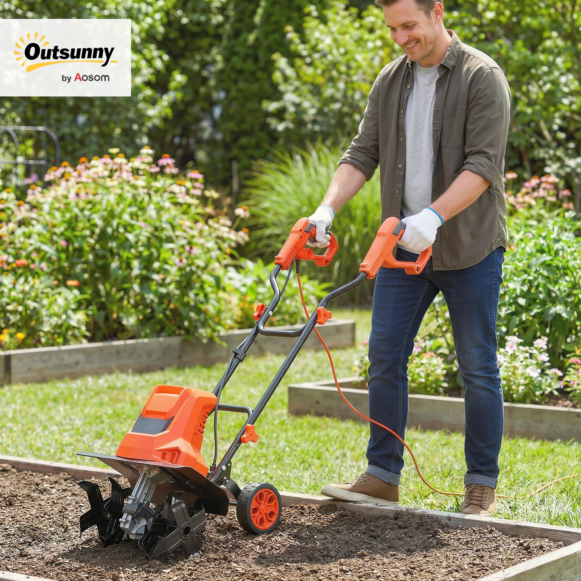 Outsunny Motobinadora eléctrica de 1500 W de jardín manejable – 6 cuchillas 65 Mn ancho 40 cm profundidad 20 cm – Motocultor plegable e impermeable IPX4 para huerto y cultivo orgánico, naranja