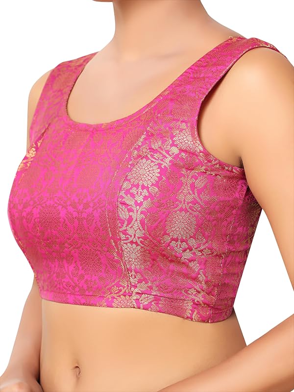 Madhu Fashion Womens Rich Banaras Brocade Sleeveless Readymade Saree Blouse (Pink; 32) by Madhu Fashion - Used condition - Image 3