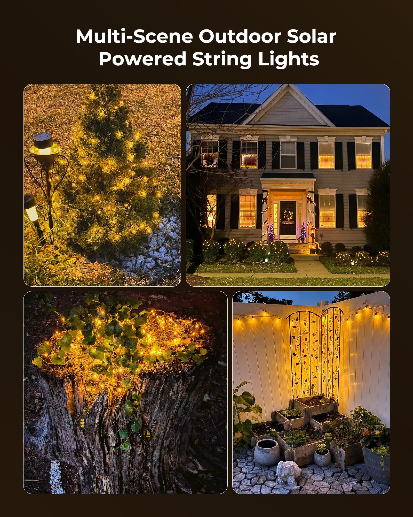 Minetom Guirnalda de luces solares, 4 paquetes en total de 400 luces LED solares de hadas de 132 pies, luces solares impermeables para exteriores, patio, árbol, boda, Navidad, blanco cálido