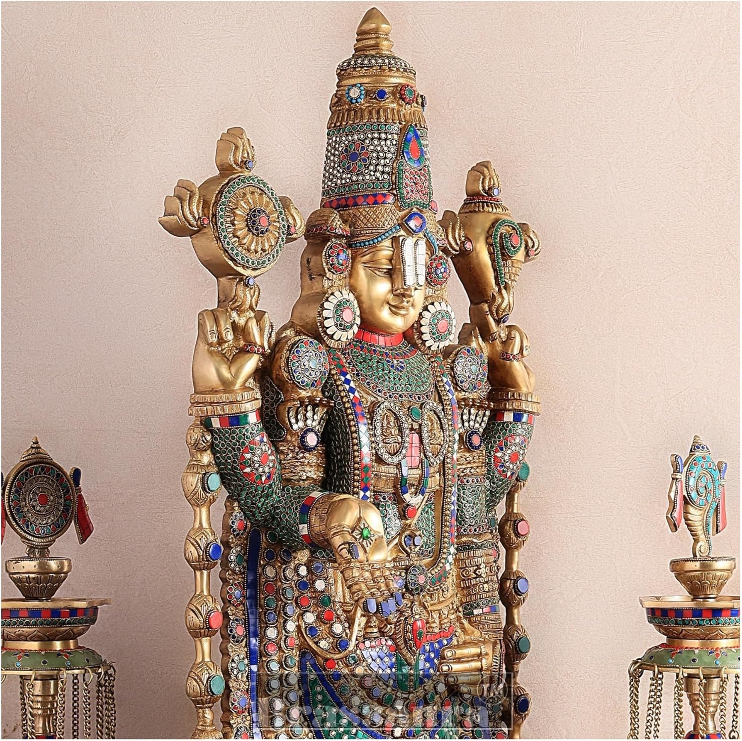 Brass Tirupati Balaji Meenakari Stonework Set | 48-Inch Venkateshwara Idol with Two 30-Inch Deepaks | Pure Brass Handcrafted Hindu Decor
