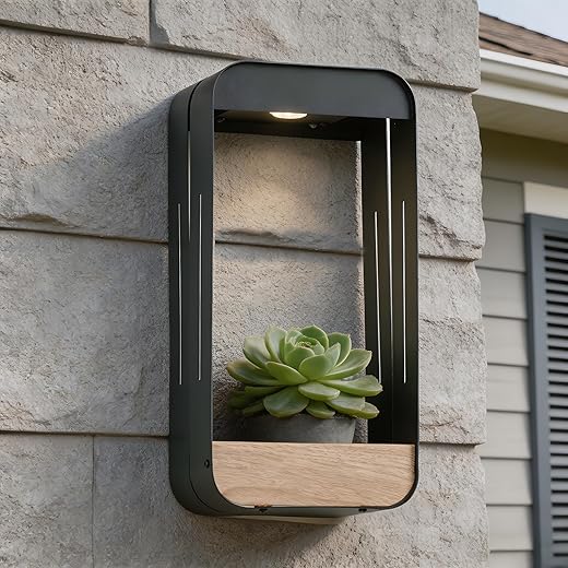 Pia Ricco Large Solar Wall Light with Planter Shelf, Extended Outdoor Waterproof Sconce with Woodgrain, Auto On/Off, Black for Garden, Patio, Fence