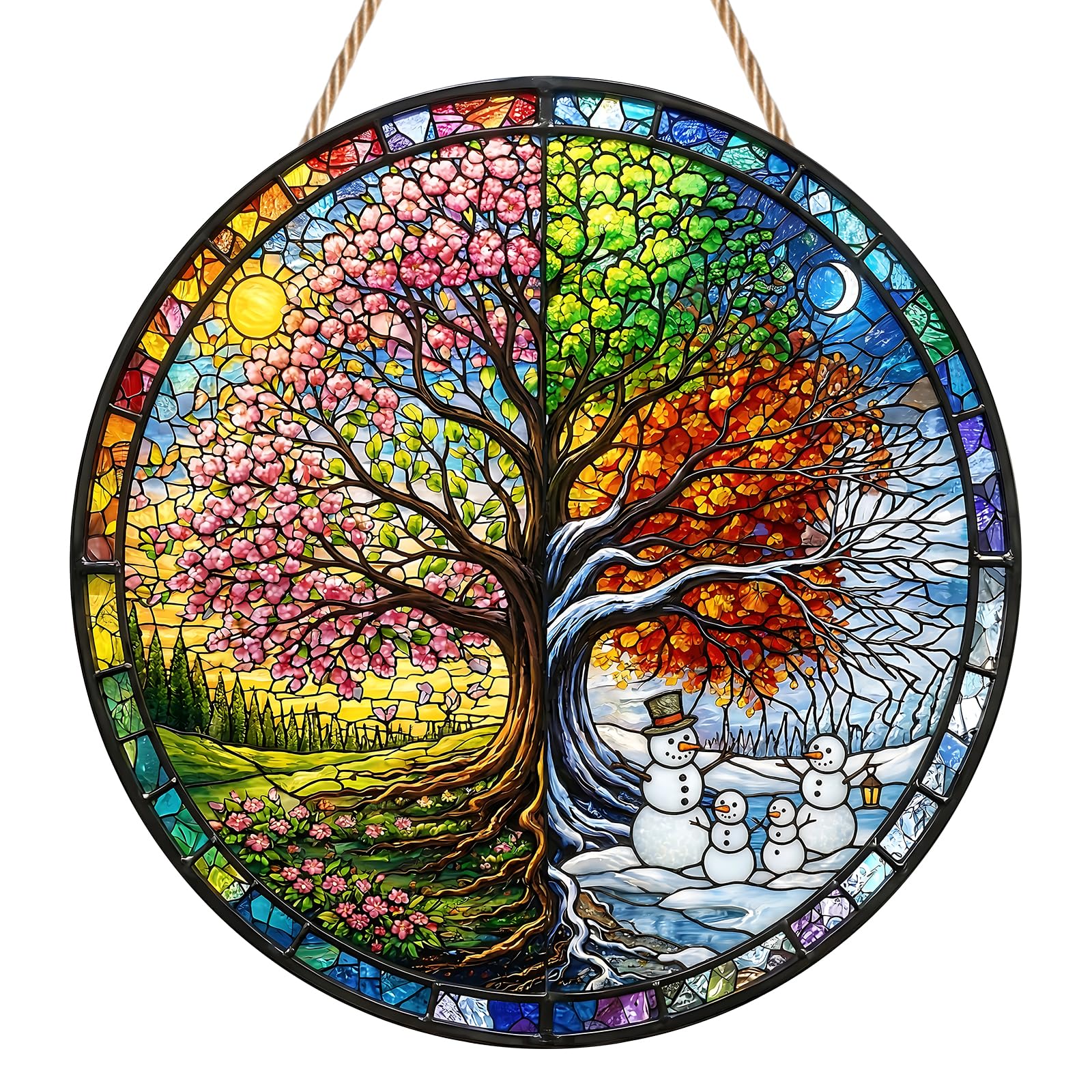 Tree of Life Sun Catchers for Windows, Four Seasons Tree Suncatchers for Windows, Stained Glass Window Hanging, Colorful Round Garden Decor, Colorful Window Wall Hanging Ornament for Women Men