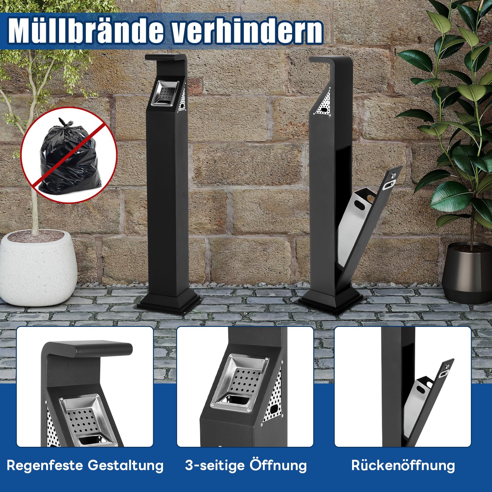 Cubo de basura comercial de acero inoxidable, cubo de basura vertical con llave, cubo de basura impermeable con interior de acero para hogar, oficina, parque, hotel, apartamentos, 118 × 27 × 27