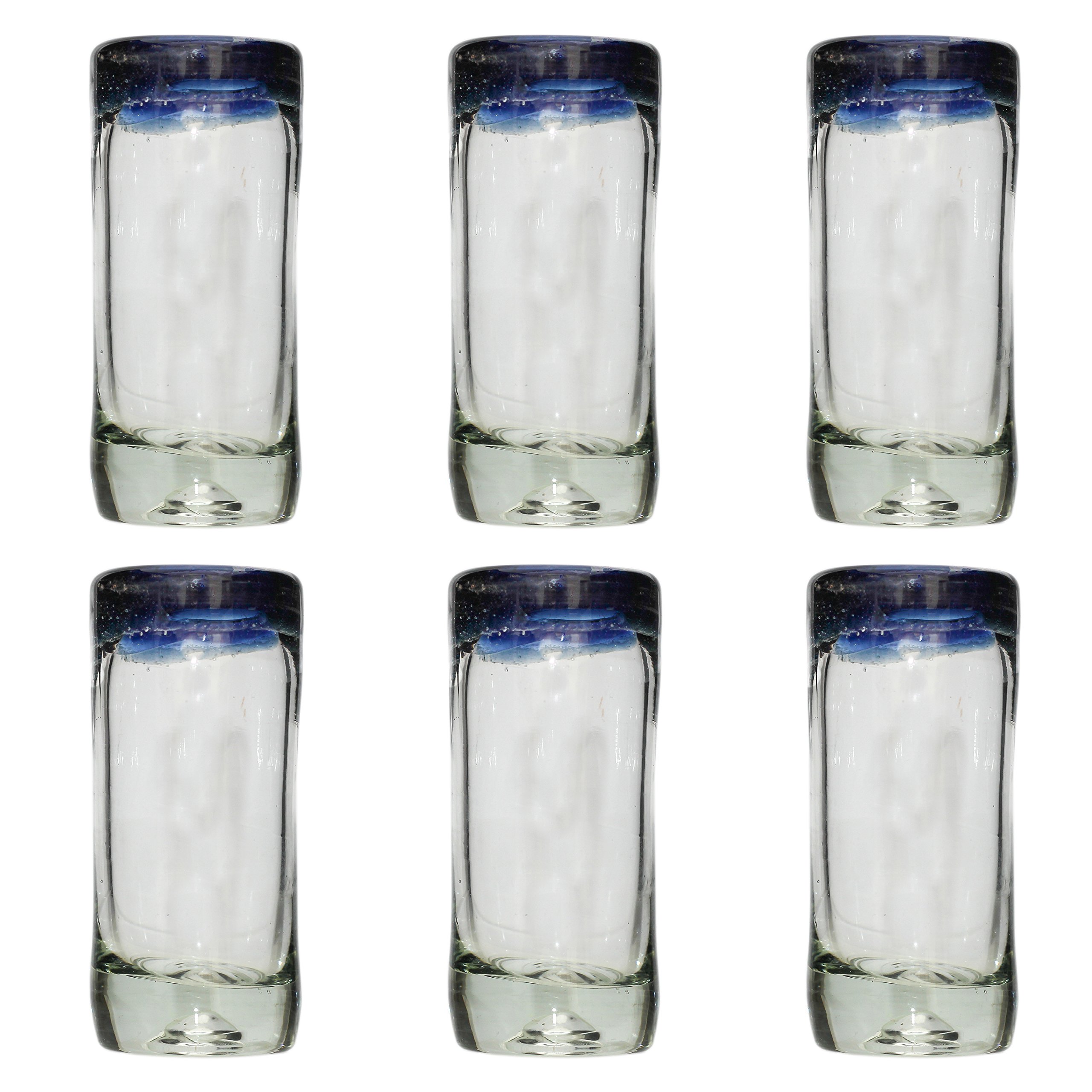 Tumia LAC Verre à Shot ou à Téquila Artisanal - Verre recyclé - Bordure Bleue - par 6 pièces