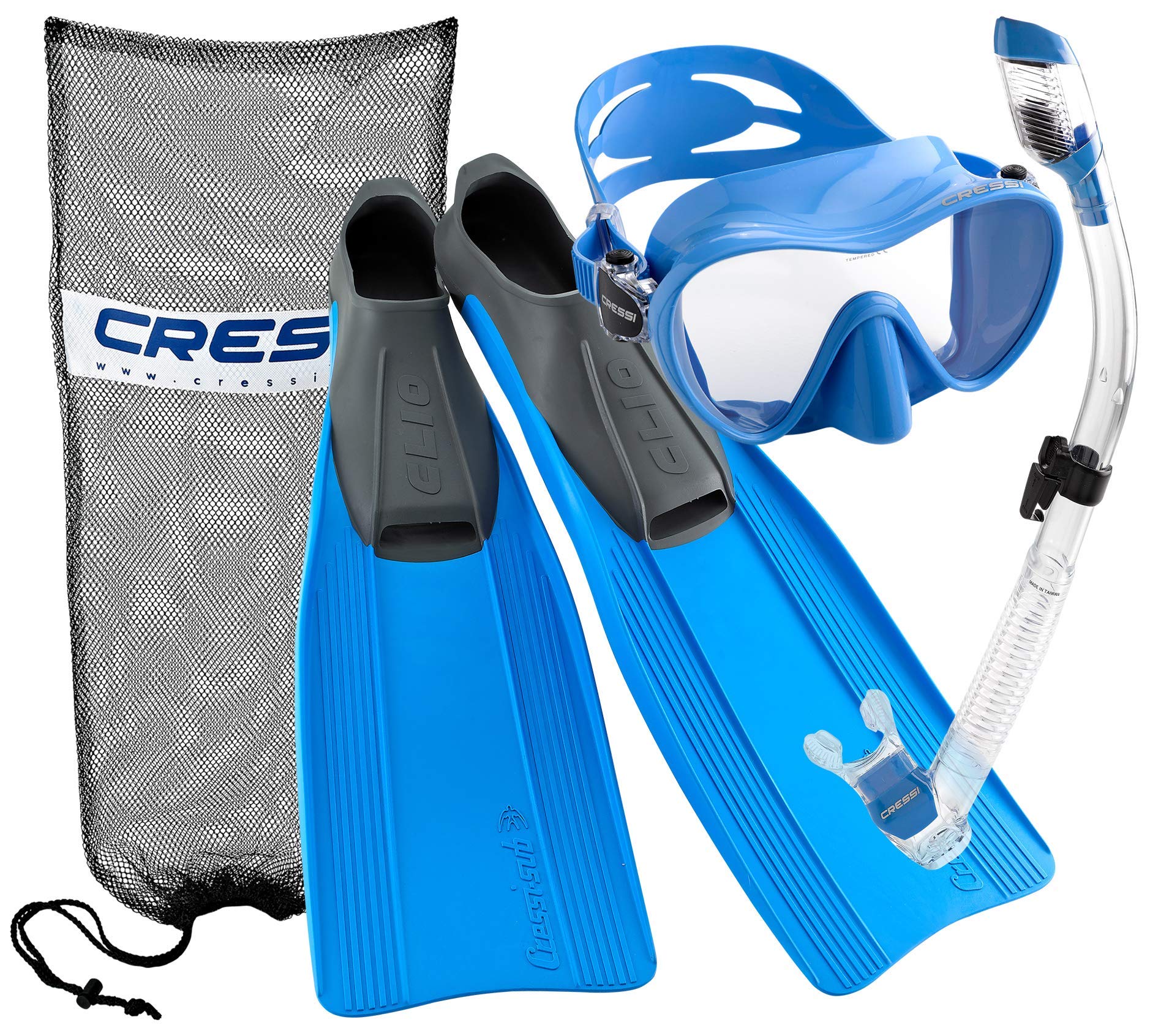 Cressi Clio Full Foot Fin Frameless Mask Dry Snorkel Set with Snorkeling Carry Bag