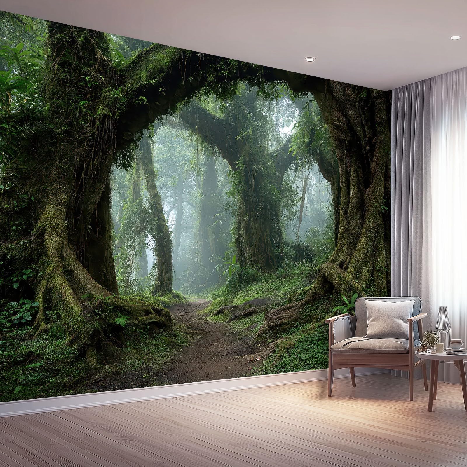 Papier peint panoramique forêt tropicale vert 250 x 175 cm pour décoration murale chambre