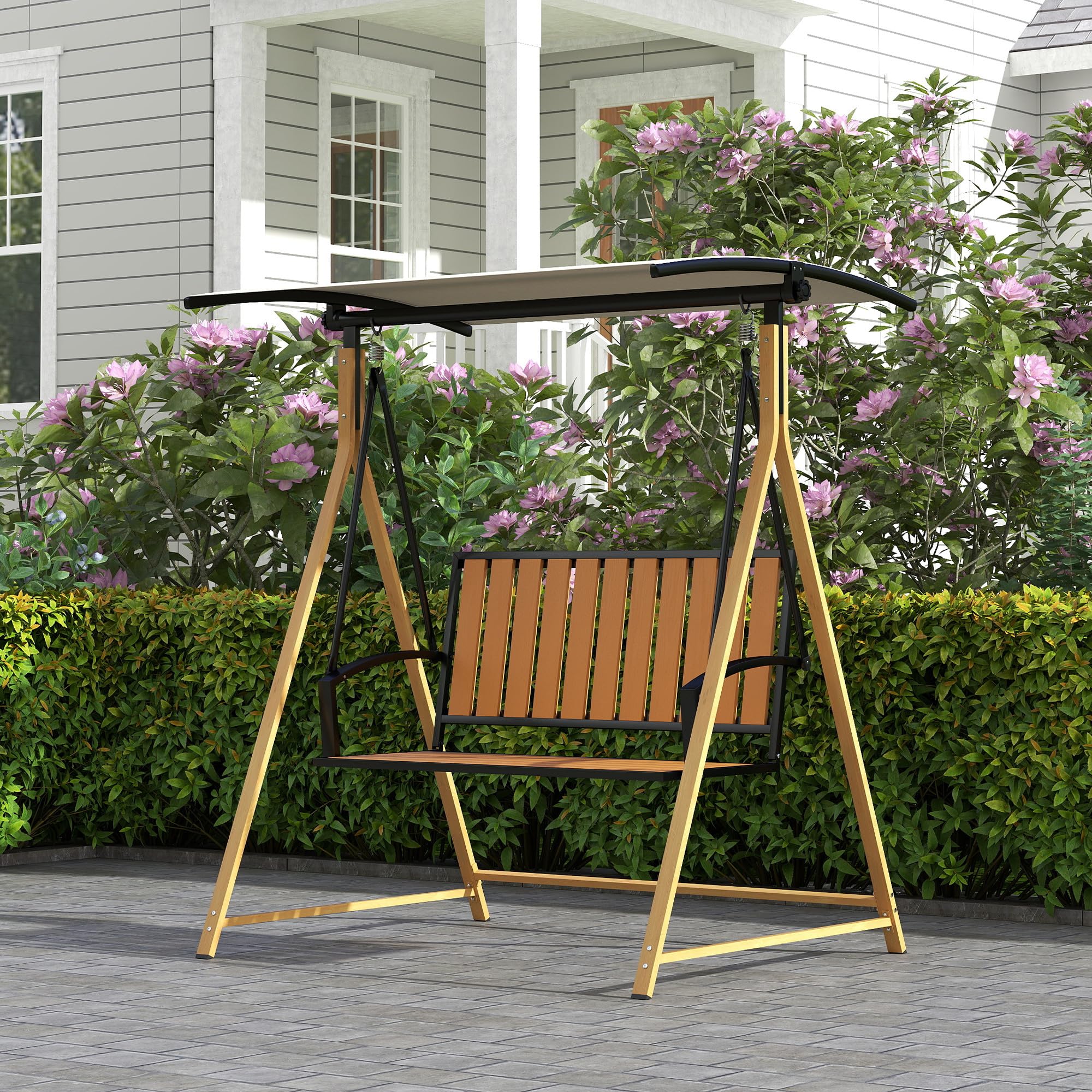 Outsunny Columpio de Jardín Exterior de 2 Plazas Grano de Madera Balancín de Jardín Exterior con Toldo Ajustable y Estructura de Metal Carga 240 kg 142x112x162 cm Natural y Beige