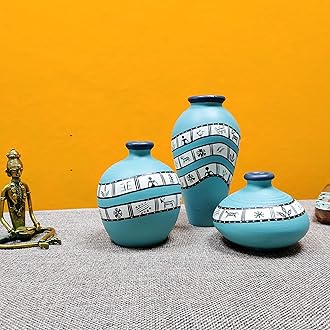 ARTYSTA BEAUTIFYING LIVES Earthenware 'Warli Turquoise' Blue Handpainted Terracotta Oblong Flower Vase, Terracotta Decorative For Home Decor Earthen Flower Vases Pots For Home & Office (Set Of 3)