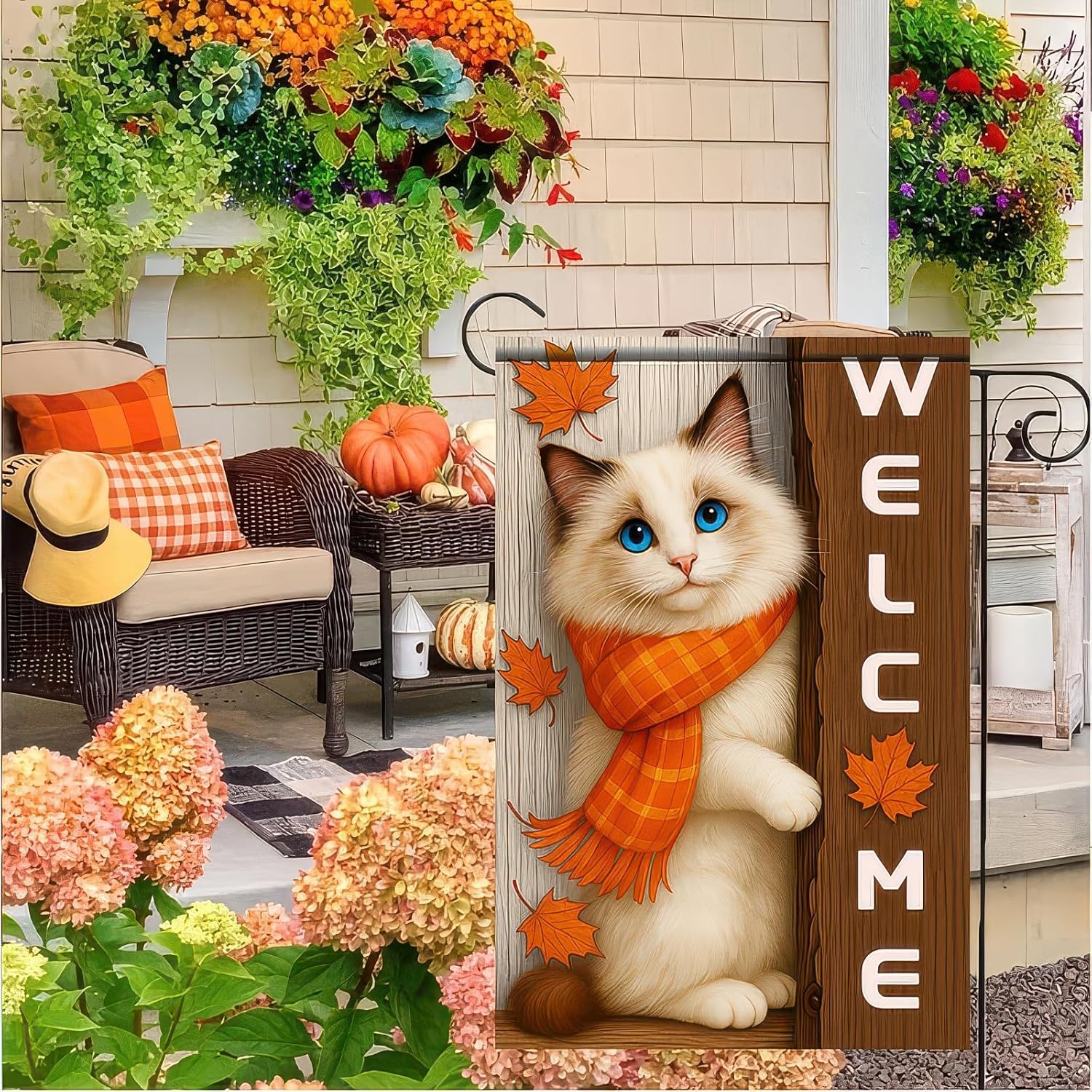 Thanksgiving Fall Garden Flag 12x18 Inch Welcome Blue Eyed Cat Outdoor Flag Double Sided Autumn Kitten Yard Banner with Orange Scarf Pet Decor for Porch Lawn Patio - Image 4