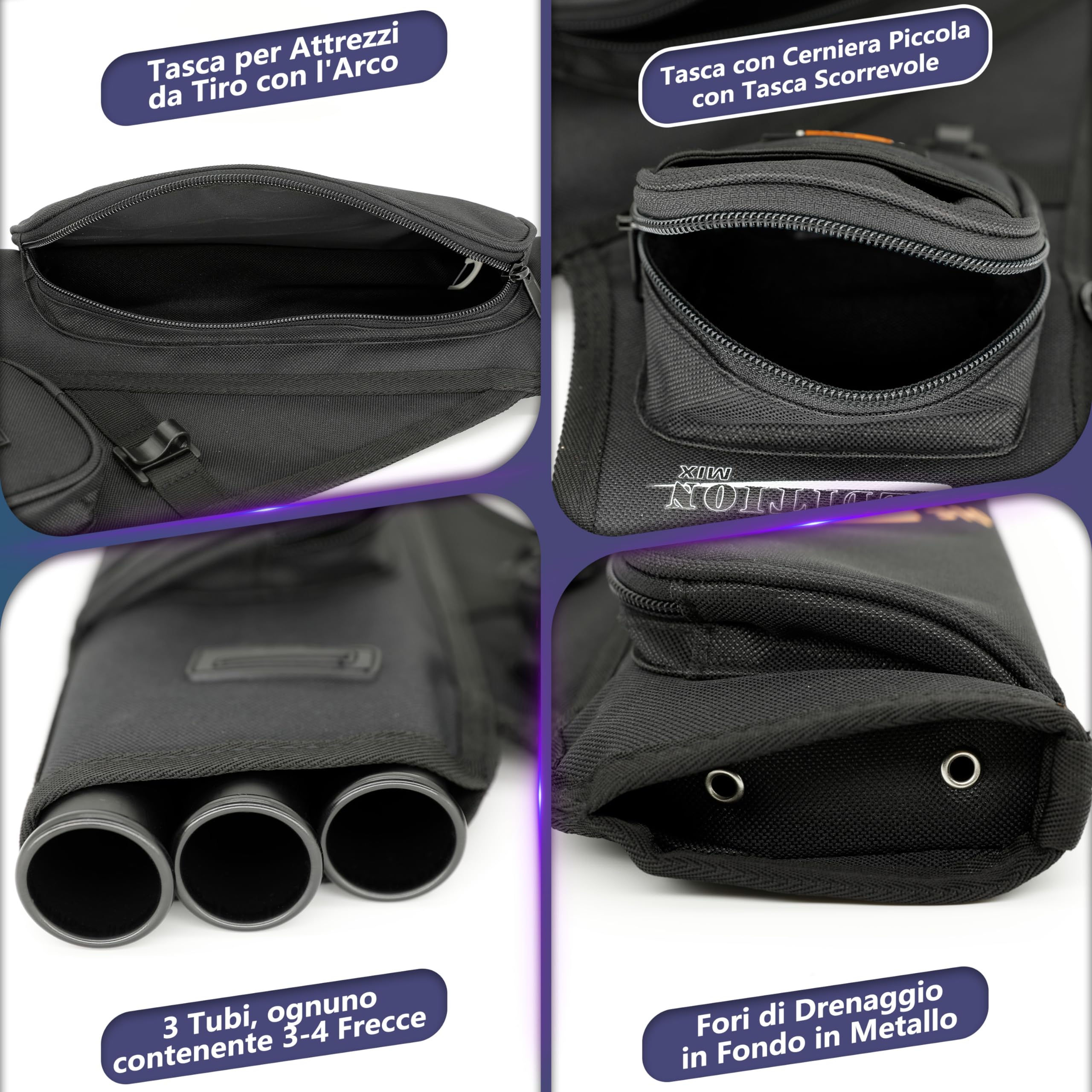 Sunya faretra per frecce Arco. Include 3 Tubi portafrecce, Tasche per Accessori e Cintura. Adatto per Archi Compound e recurve. - 4