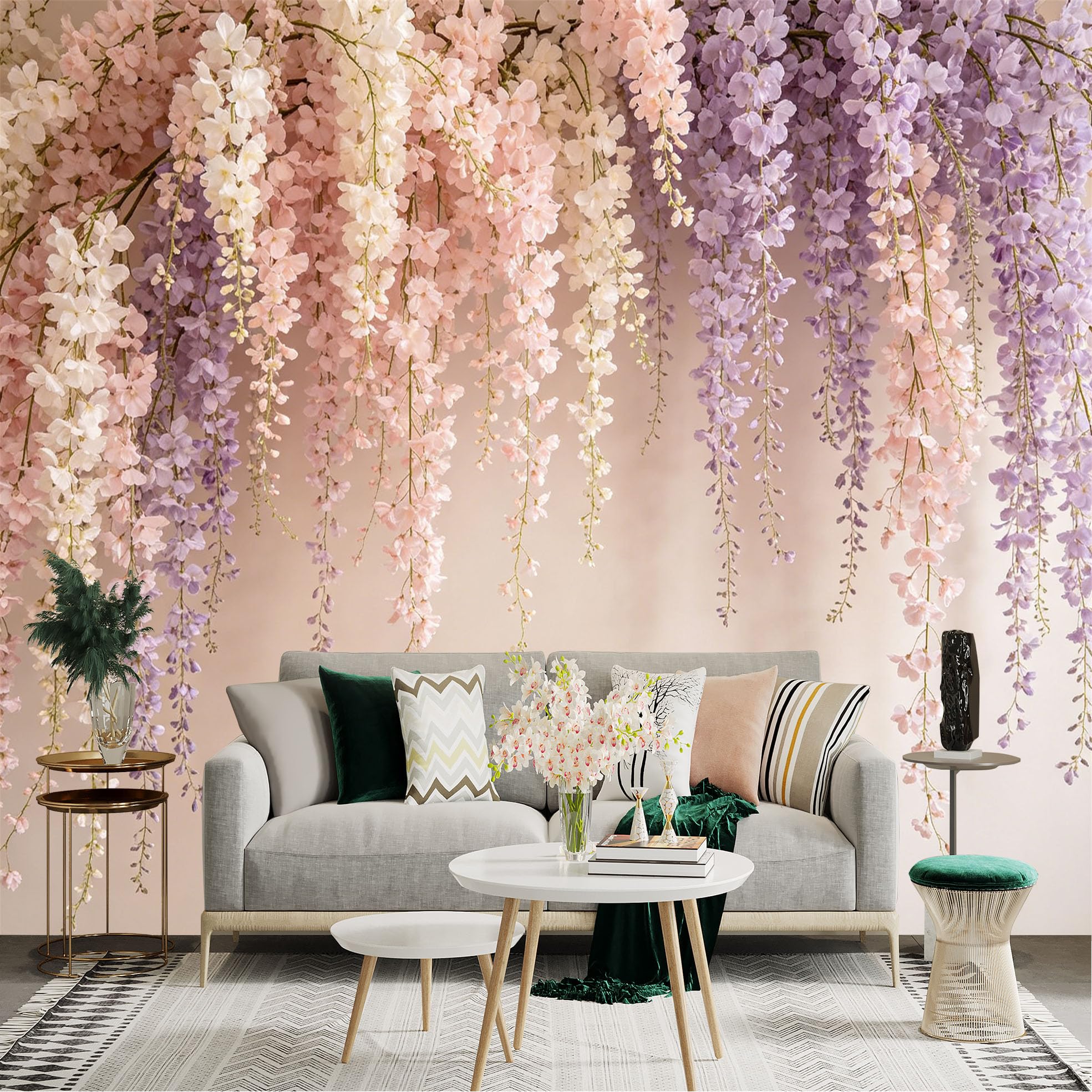 Lnzczhyre Dbh260521076 Custom Size Wall Sticker Mural， Hanging Wisteria Flowers， Romantic Floral Backdrop， Soft Pastel Petals， Elegant Botanical Decor， For Wall Decoration， Peelandstick Wall Decals.