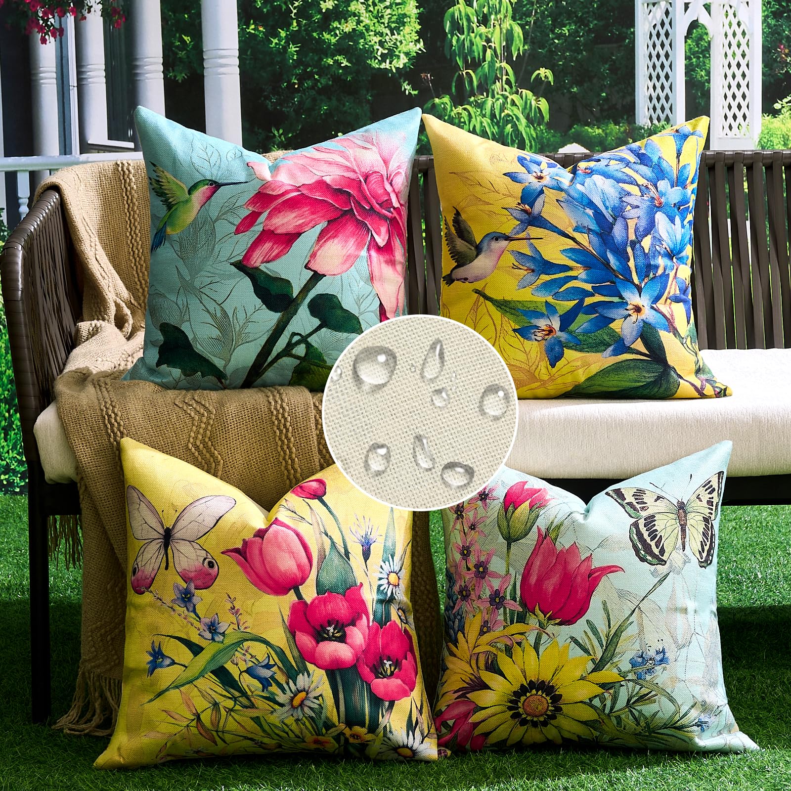 Fundas de Cojines Decorativos para Sofa Funda Cojin 45 x 45 Estampado Flores Mariposa Primavera Verano Exterior Impermeable Lino Funda de Almohada para para Sofá Cama Hogar Jardín Juego de 4