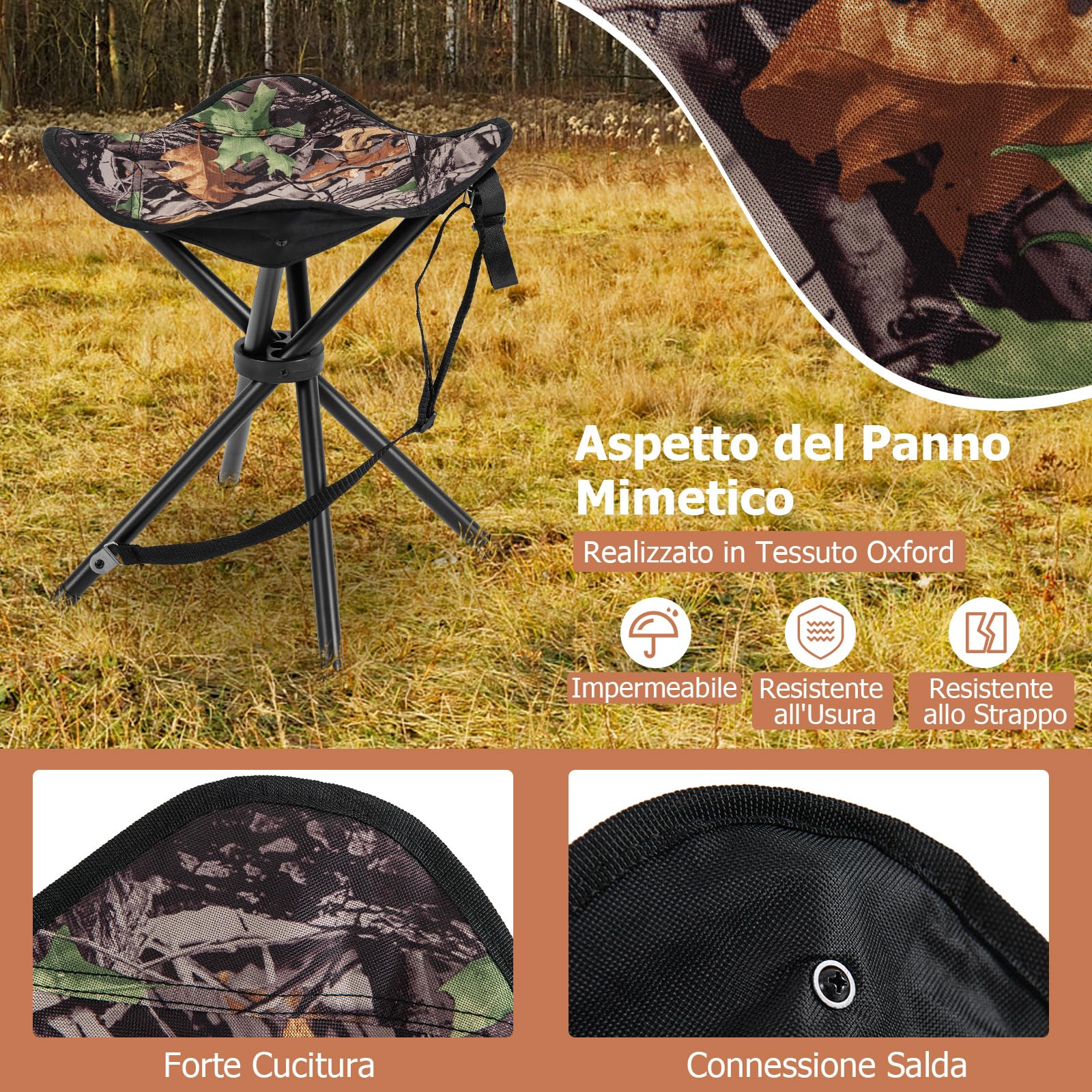 GYMAX Set di 2 Sgabelli da Caccia Pieghevoli, Sedia da Esterno con Tubi in Metallo Spesso e Piedini Antiscivolo, Adatta per Caccia, Campeggio, Pesca e Picnic