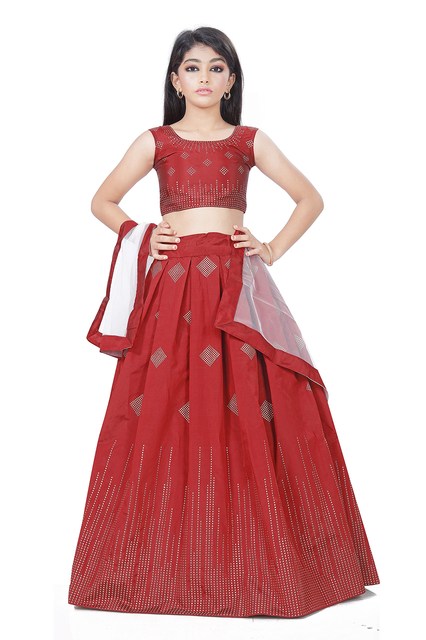 JMF Fashion Baby Kids Girl's Raw Silk Heavy Diamond-Work Lehenga Choli & Dupatta Set (8 to 13 year girls) (12-13 Years, Maroon)