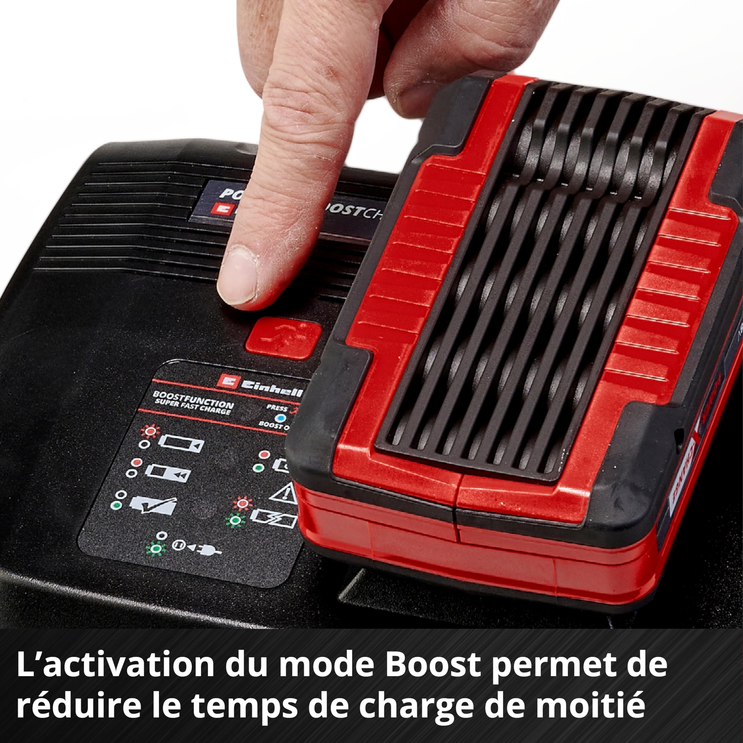 Einhell Chargeur Booster Power X-Change (18V, 220– 240V, Système de Charge en 6étapes, Témoin de Niveau de Charge, Equipé pour être fixé au Mur)