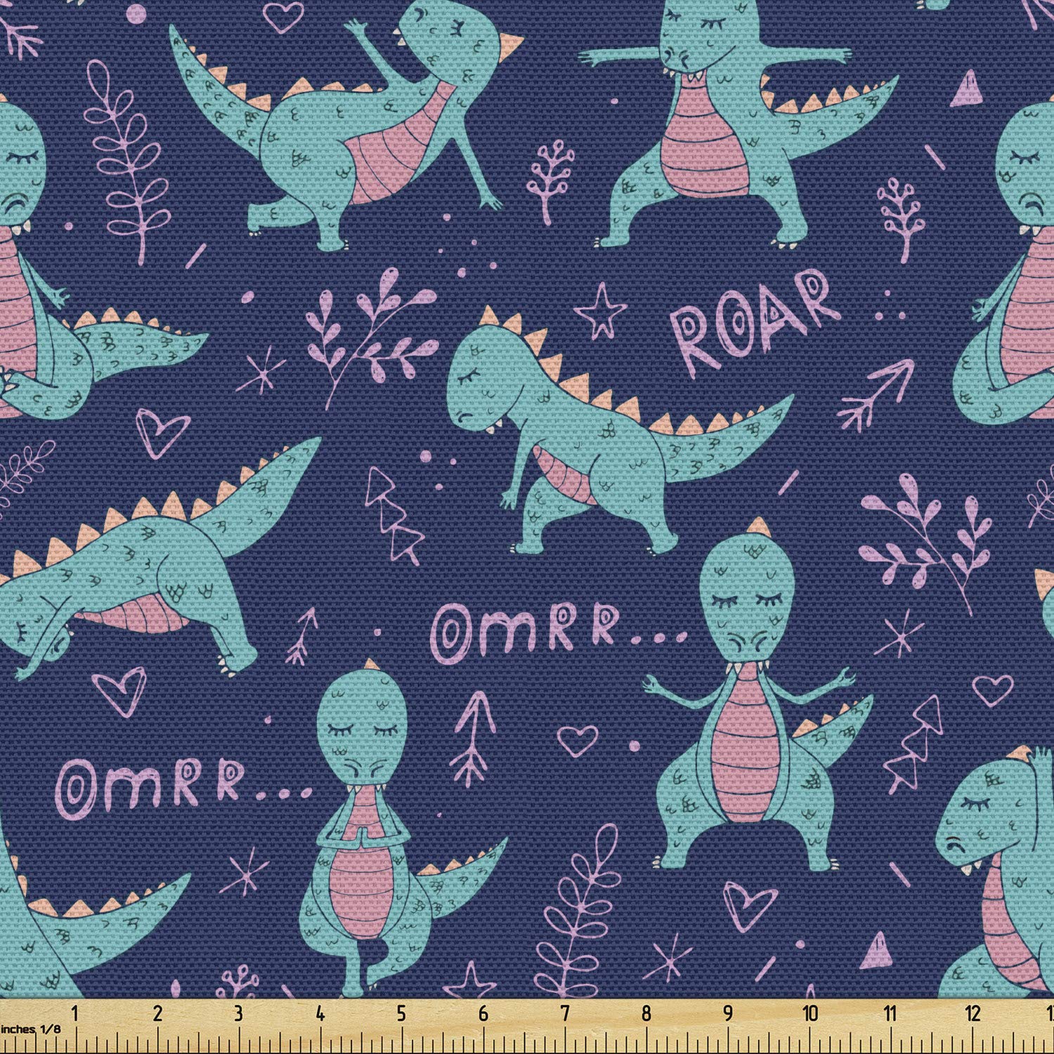 Ambesonne Cartoon Fabric by The Yard, Little Dinosaur Doing Yoga Poses in Repetitive Pattern Art Print, Decorative Fabric for Upholstery and Home Accents, 1 Yard, Indigo Turquoise