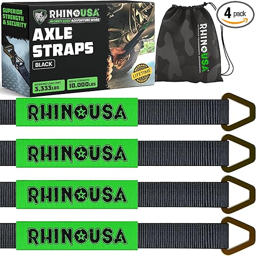 Rhino USA Axle Tie Down Straps - Lab Inspected 11,128lb. Break Strength - Heavy Duty Protective Sleeves & D Rings to Ensure Peace of Mind - Used for Car Engine Hoist, Truck, Trailer, UTV (4-Pack Set)