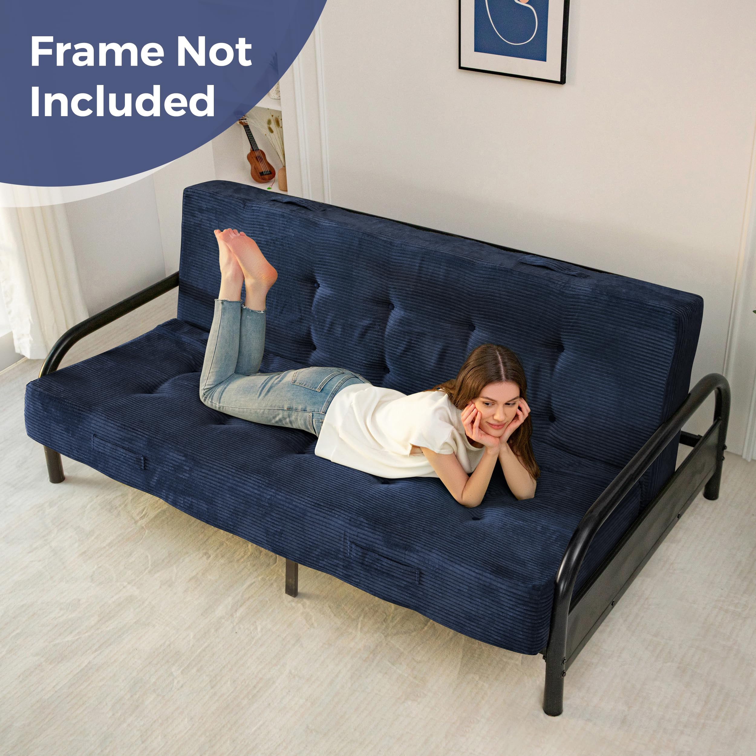 MAXYOYO Foldable Mattress, 8-Inch Tufted Futon Mattress with Handles | Tufted Floor Sofa Bed and Versatile Mattress, Carry Handles for Living Rooms or Guest Rooms, Frame Not Included, Navy
